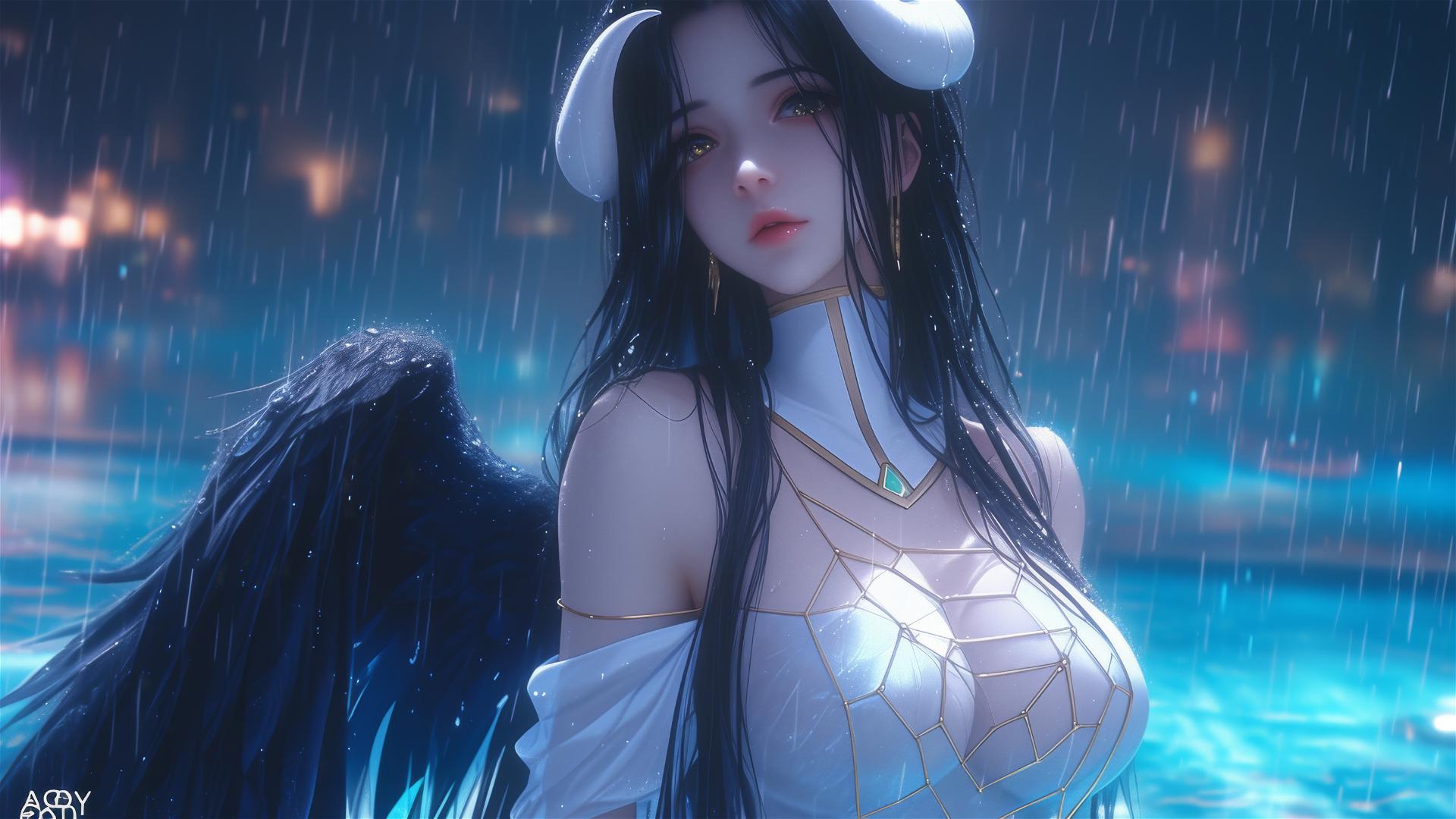 Albedo from Overlord standing in a pool under moonlight and rain