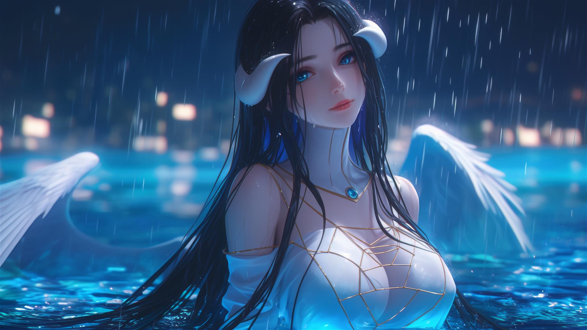 Albedo from Overlord in rainy pool with moonlight glow