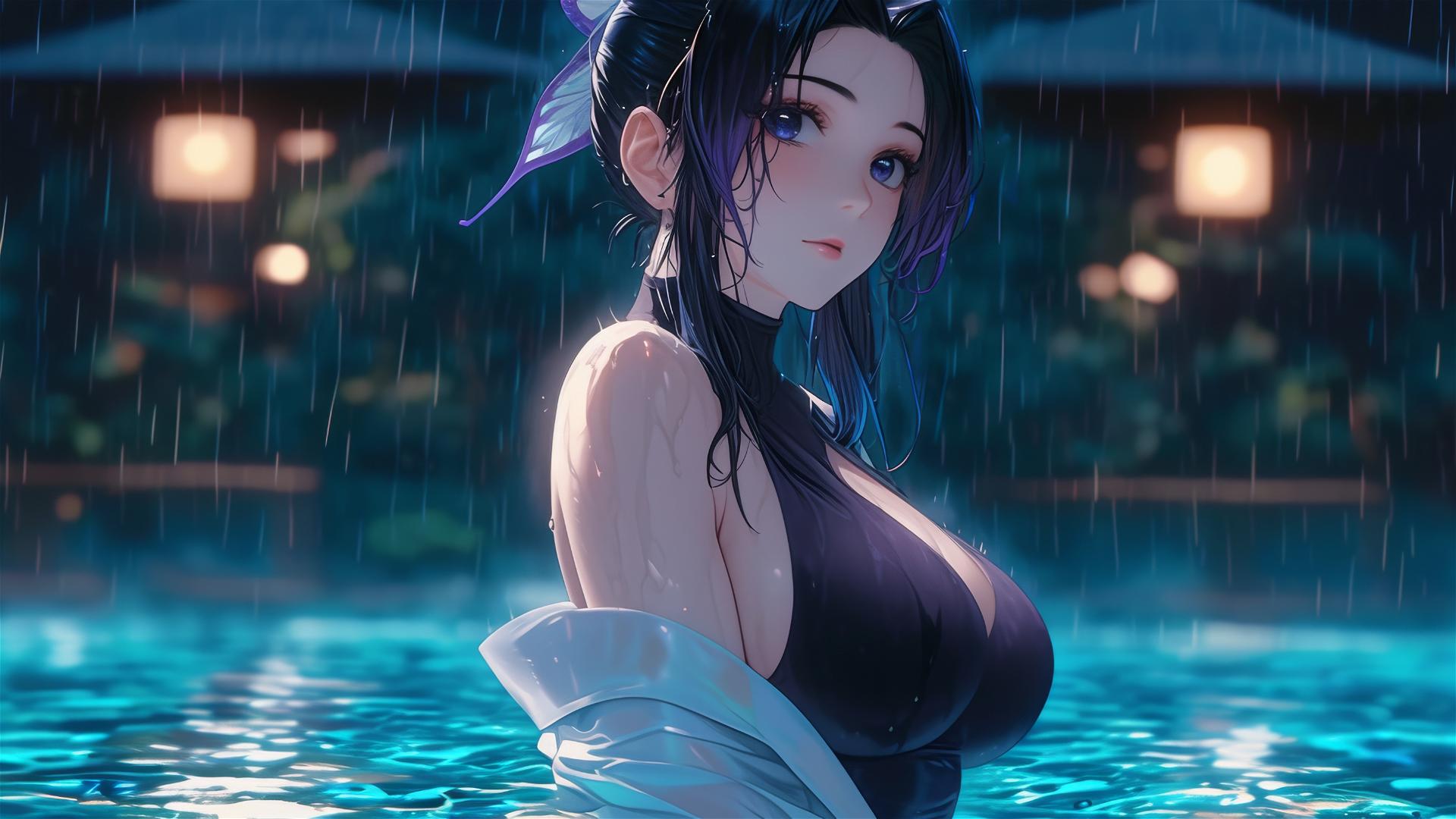 Shinobu Kocho from Demon Slayer standing in a pool under moonlight and rain