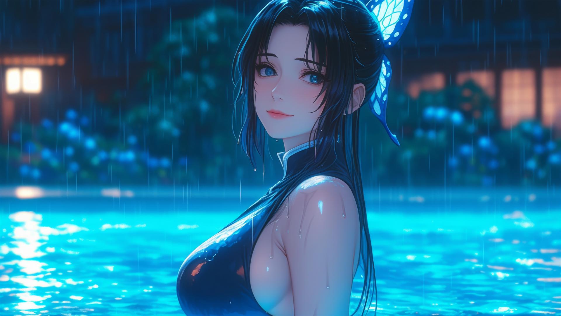 Shinobu Kocho in pool under moonlight with rain