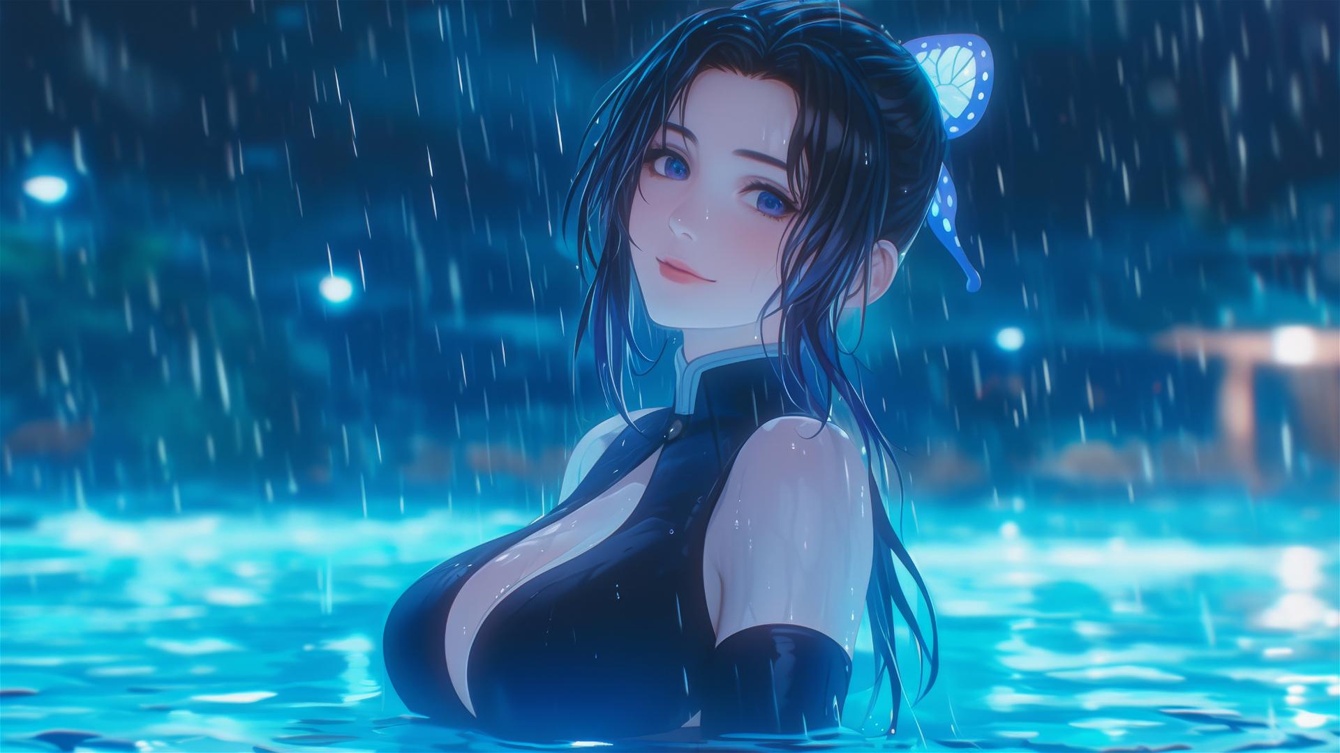 Shinobu Kocho from Demon Slayer standing in a pool at night with moonlight and rain