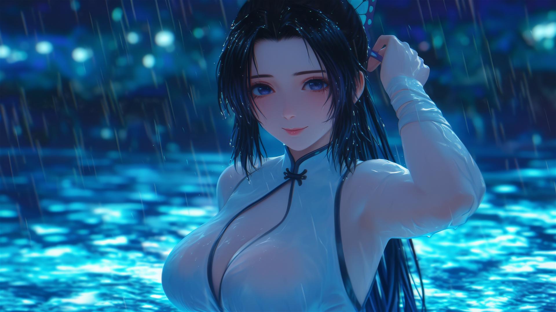 Shinobu Kocho from Demon Slayer standing in a pool under moonlight with rain