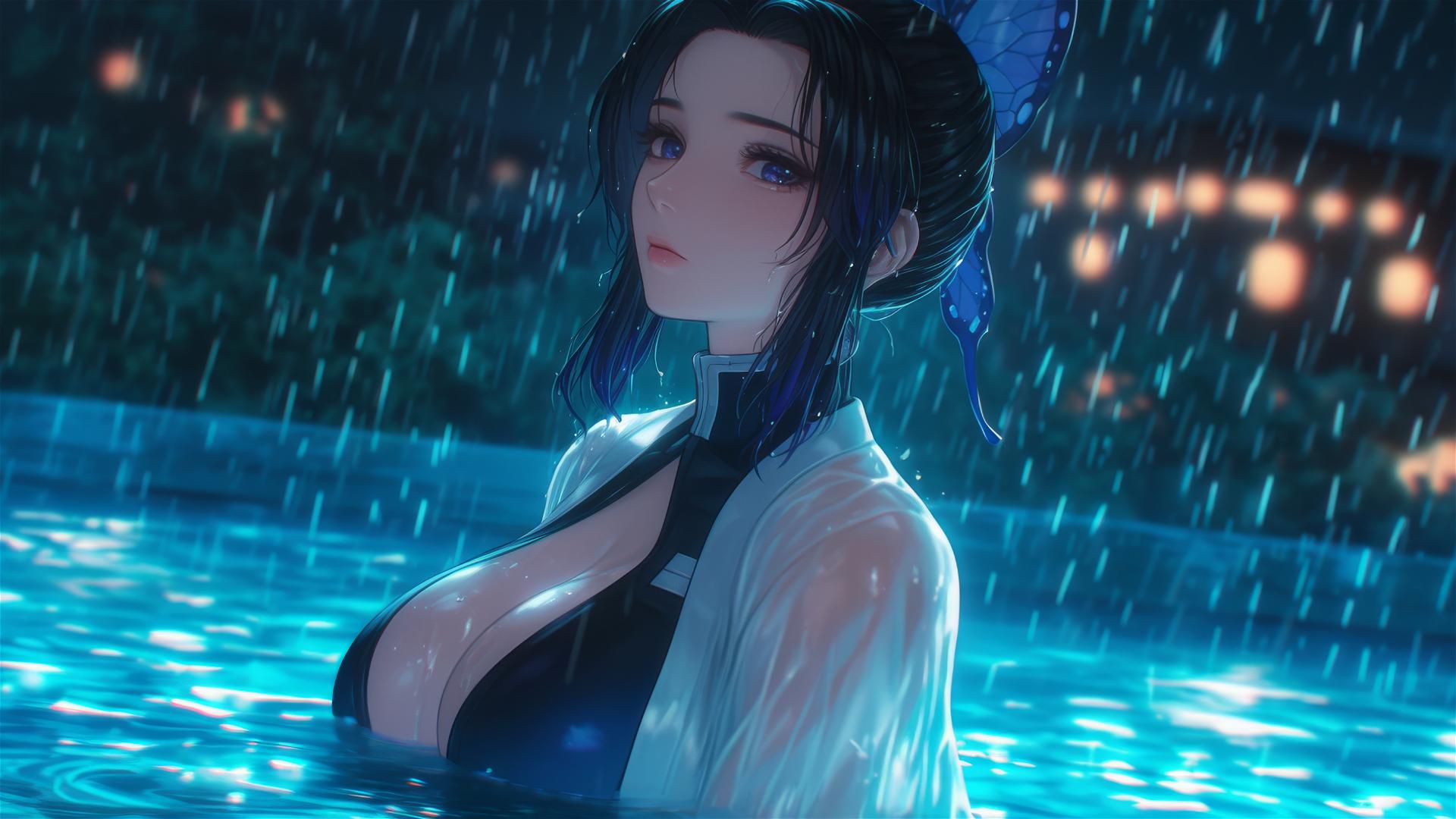 Shinobu Kocho in rainy pool illuminated by moonlight