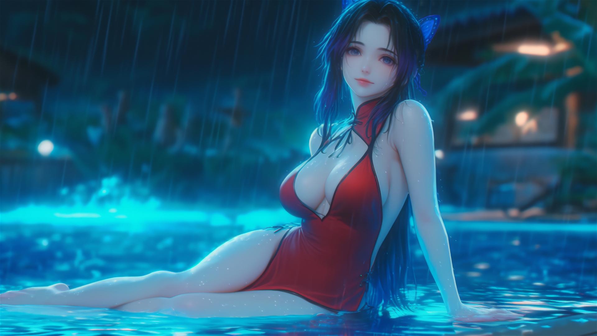 Shinobu Kocho relaxing by pool in moonlight with red dress under rain
