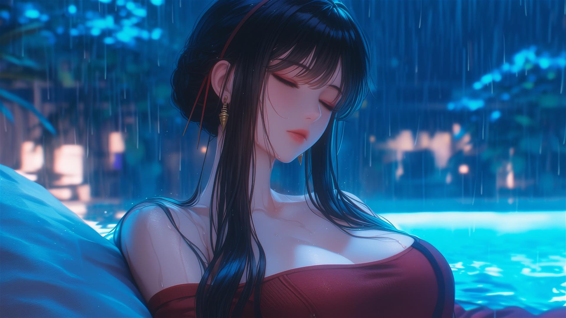 Yor Forger relaxing by pool with moonlight and rain in red pajamas