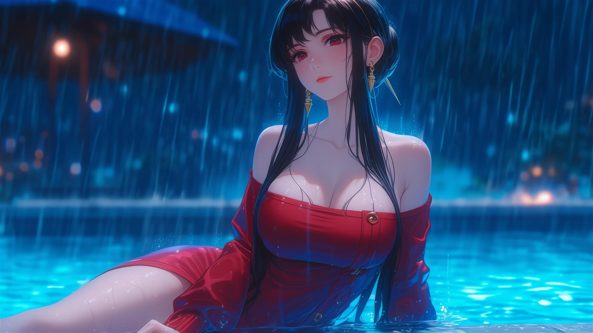 Yor Forger from Spy x Family resting by a pool under moonlight, wearing red pajamas