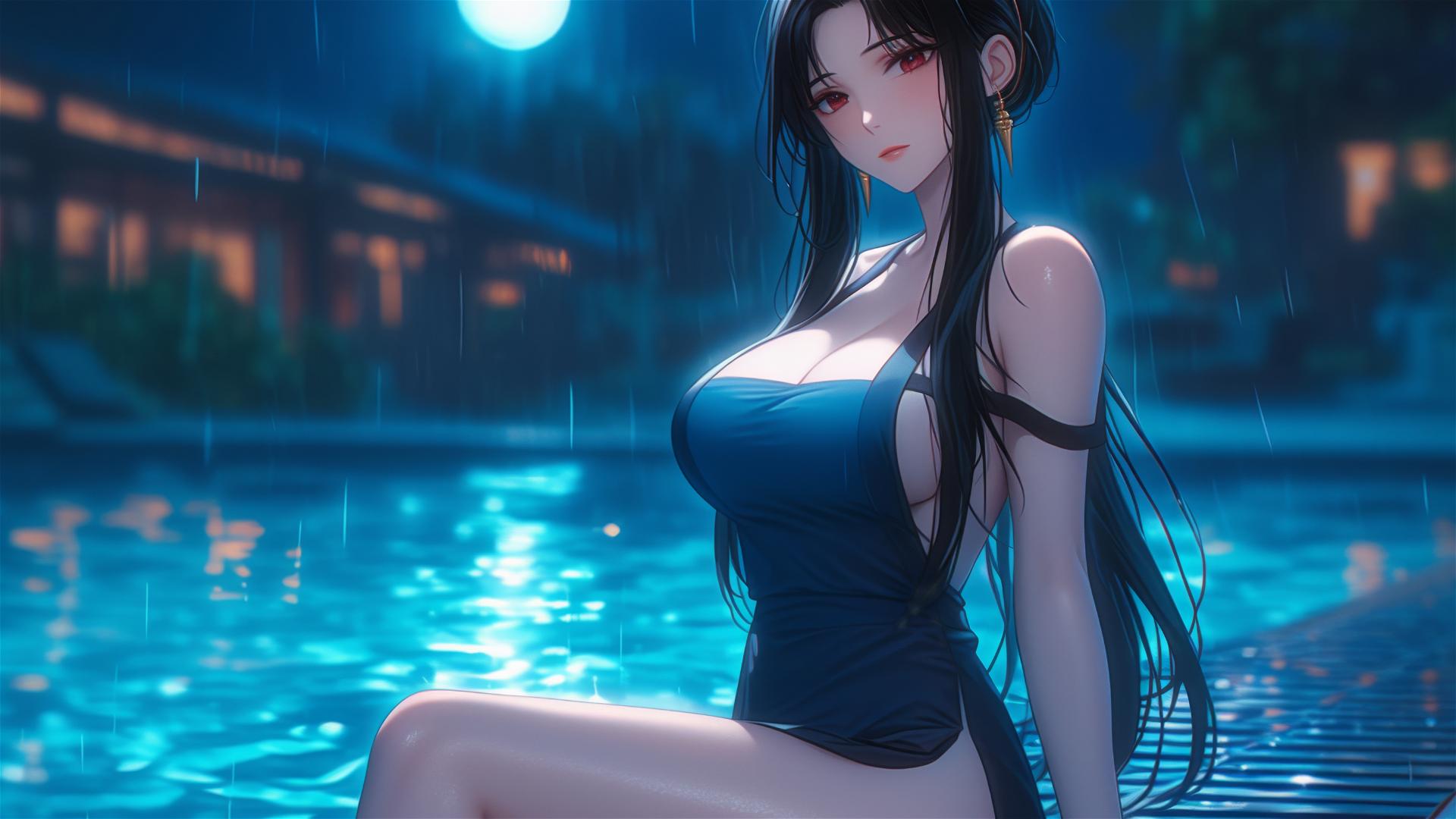 Yor Forger by moonlit rainy pool in an apron
