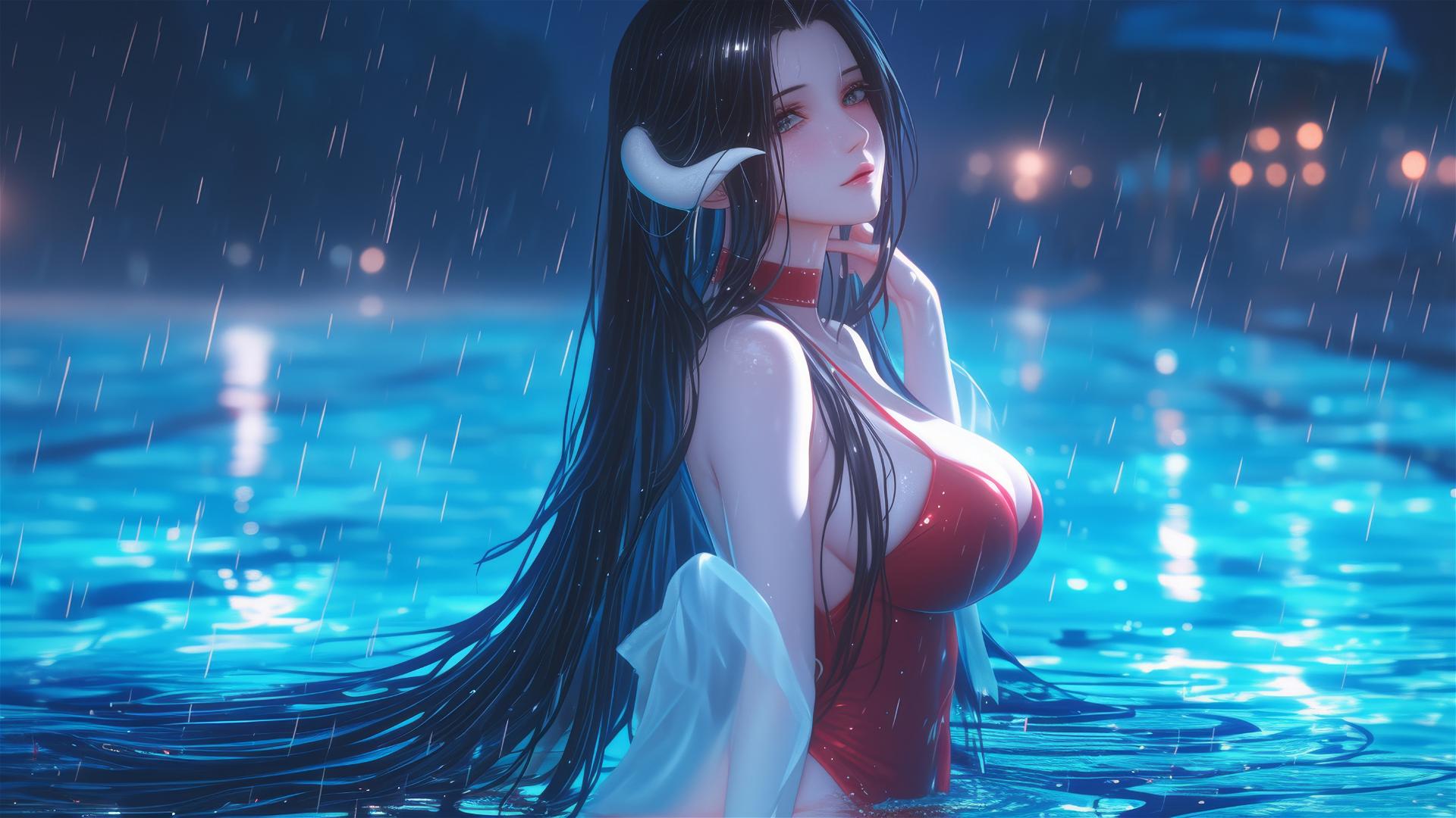Albedo from Overlord in red dress, standing in rain by pool under moonlight