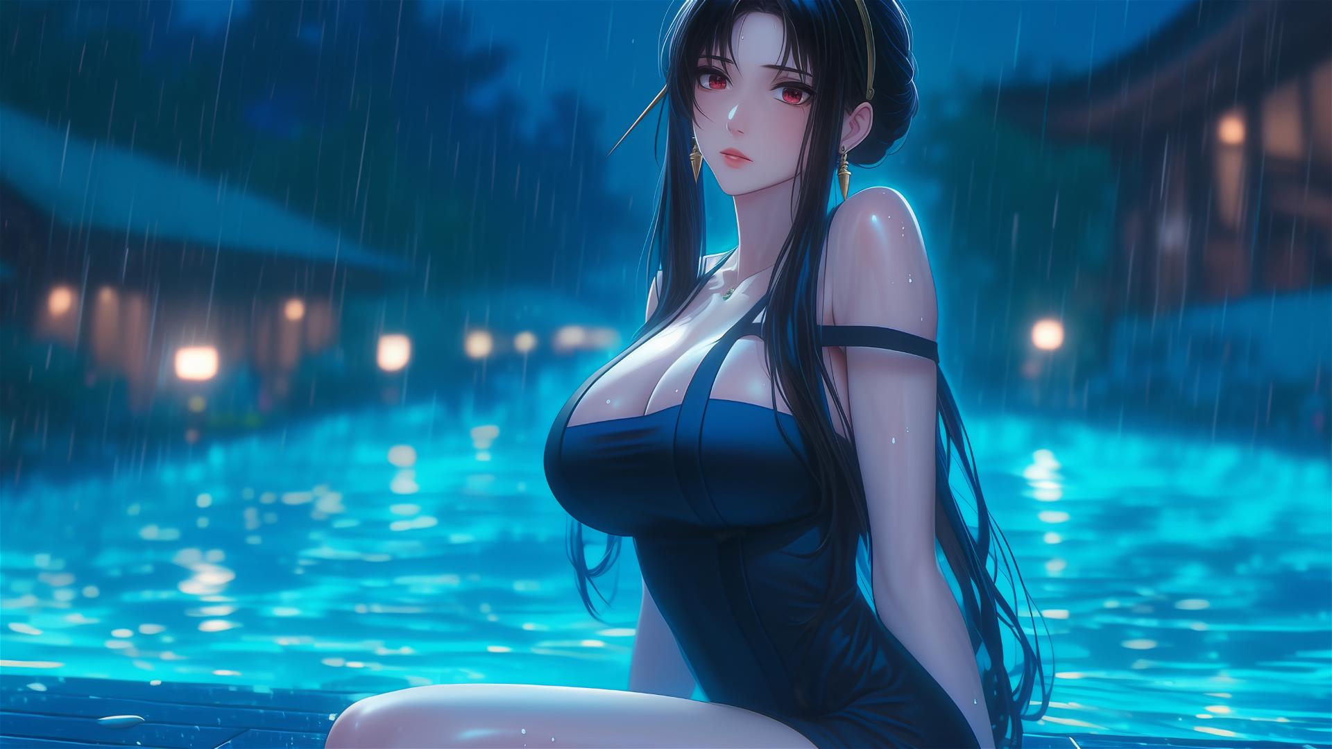Yor Forger by pool in moonlight wearing an apron