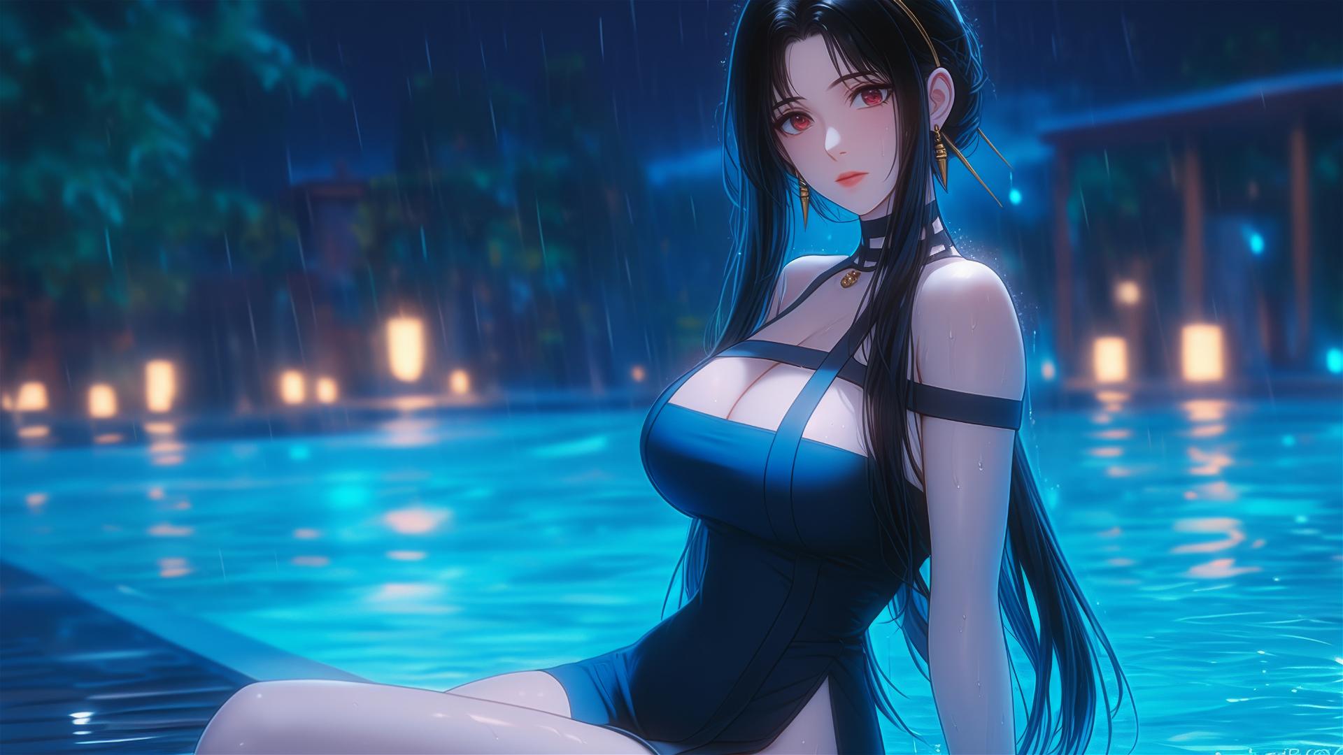 Yor Forger resting by a pool, moonlight glow, rainy scene