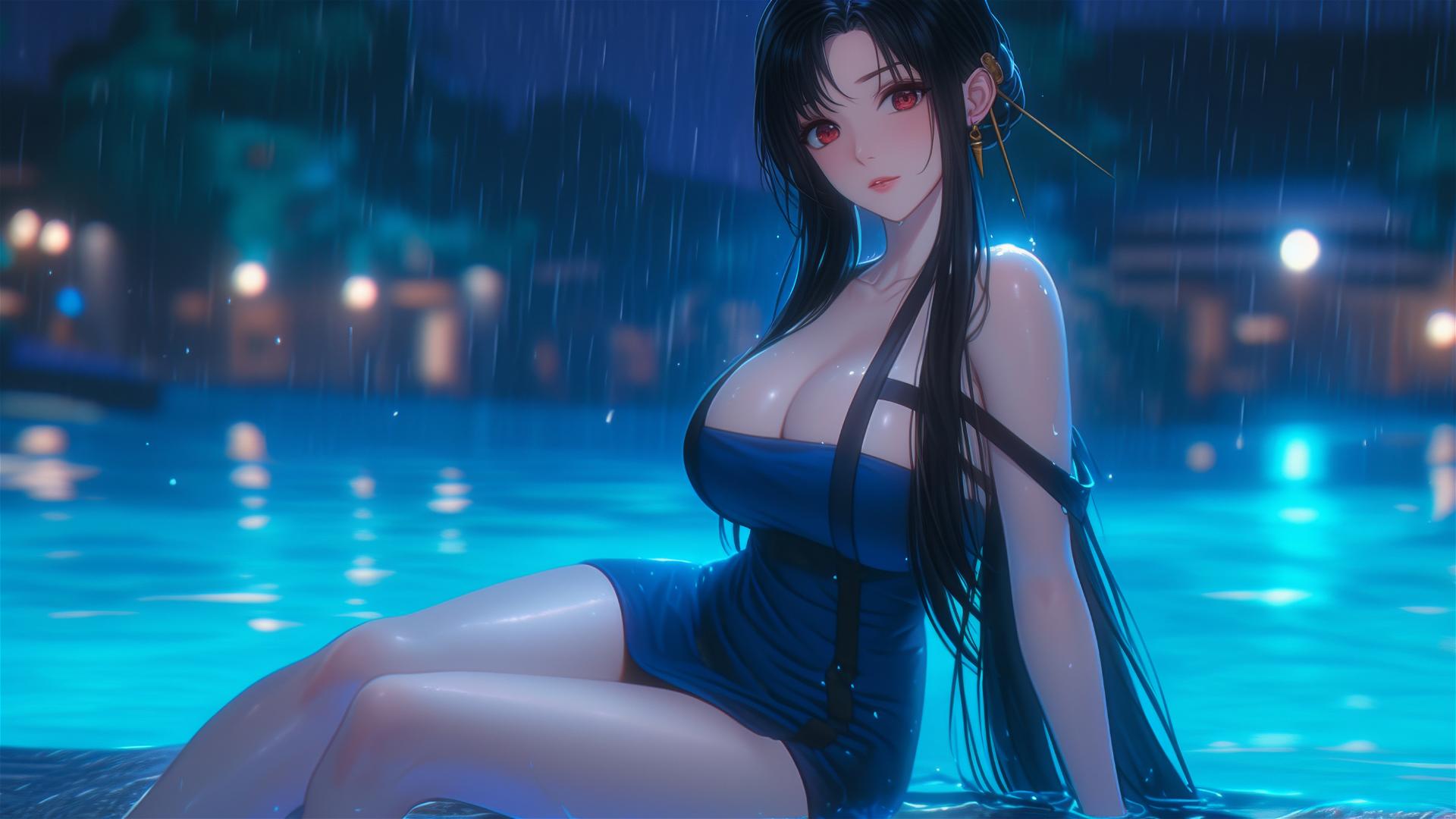 Yor Forger by the pool in moonlight, wearing only an apron