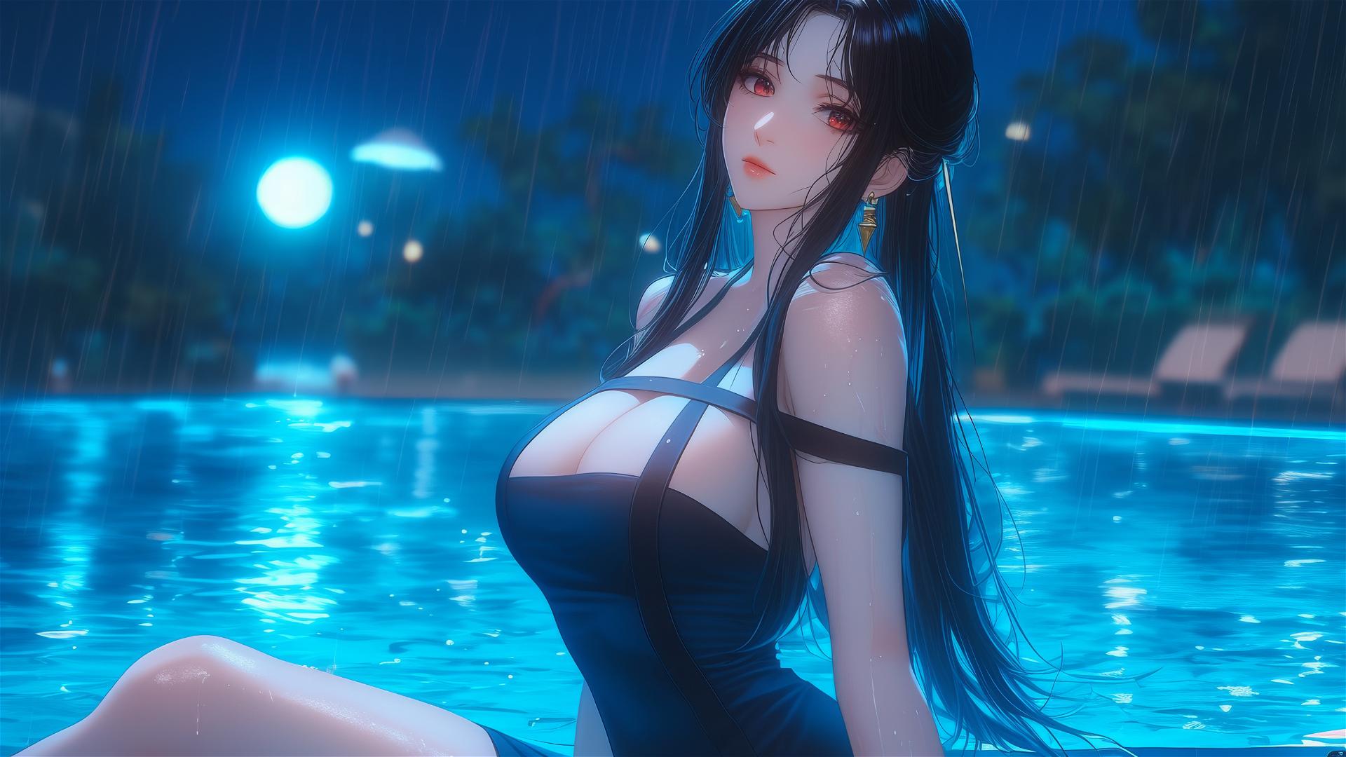 Yor Forger resting by pool in moonlight wearing only an apron