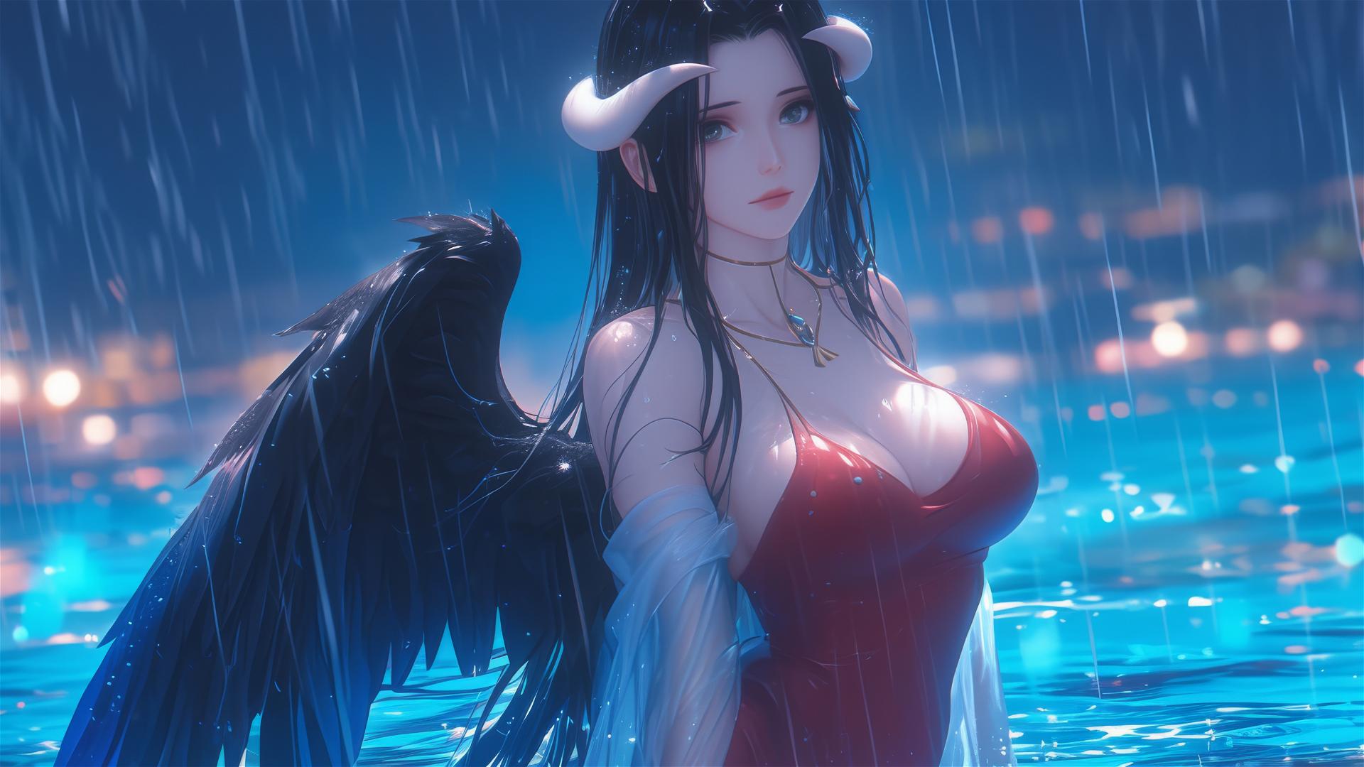 Albedo from Overlord in red dress standing in rainy pool with moonlight glow