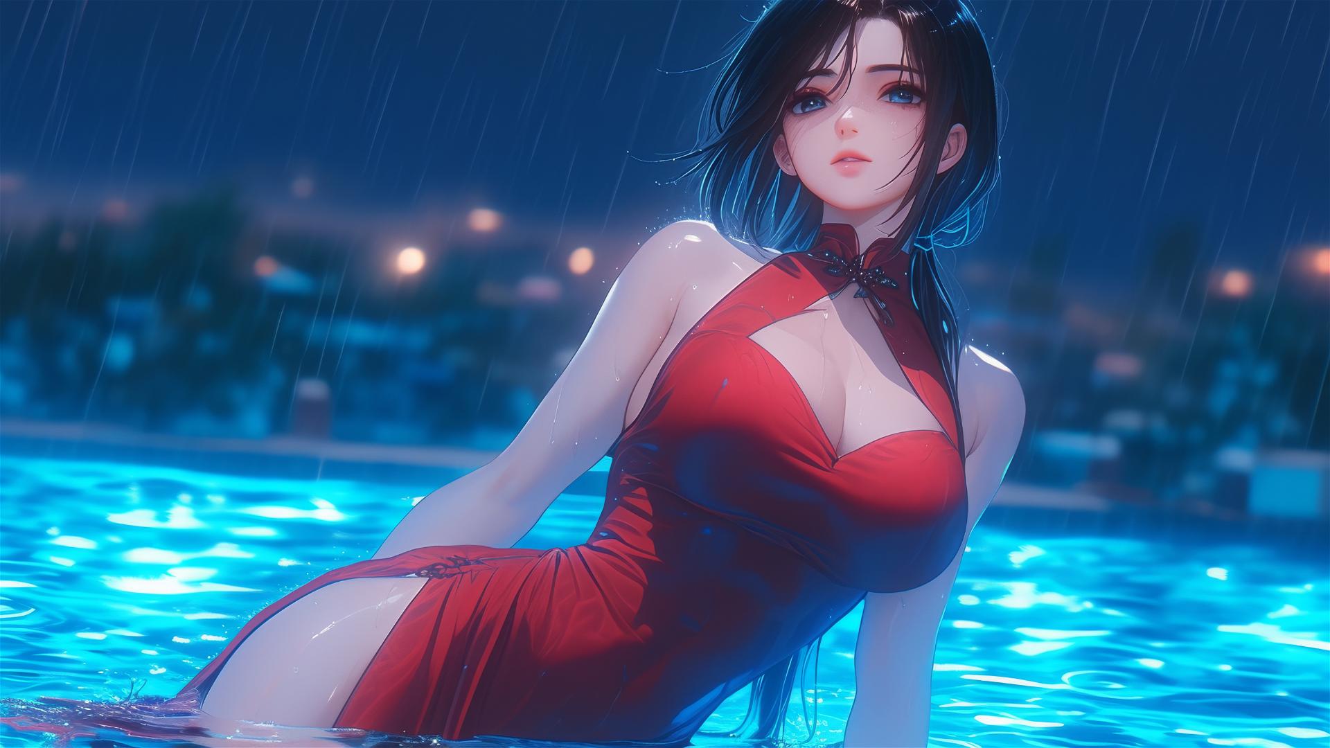 Mikasa Ackerman in red at moonlit rainy pool