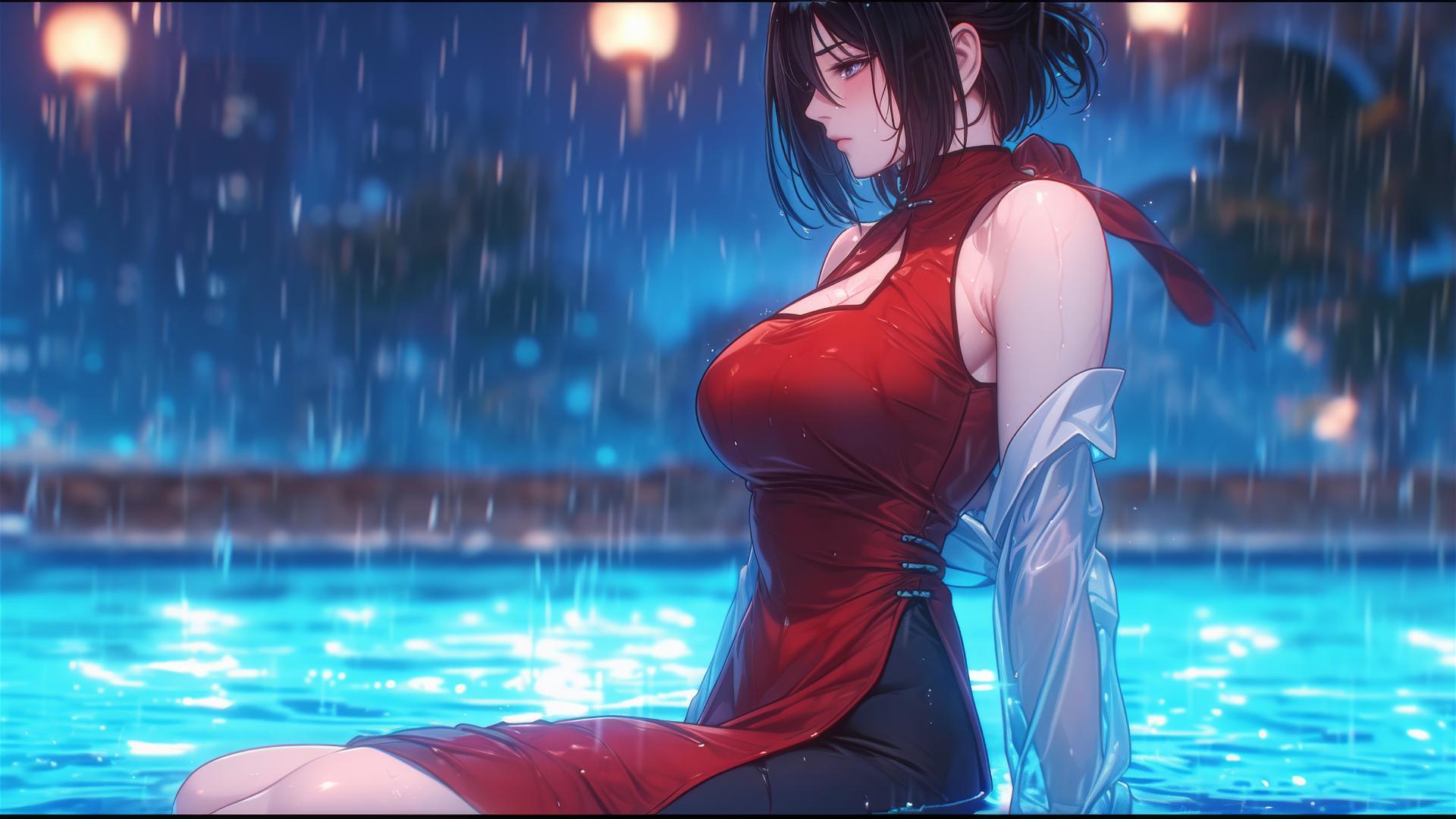 Mikasa Ackerman in red under moonlit rainy pool