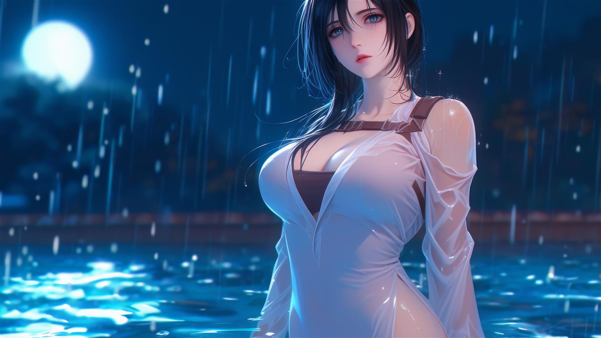 Mikasa Ackerman in a rainy pool under moonlight in a pink dress