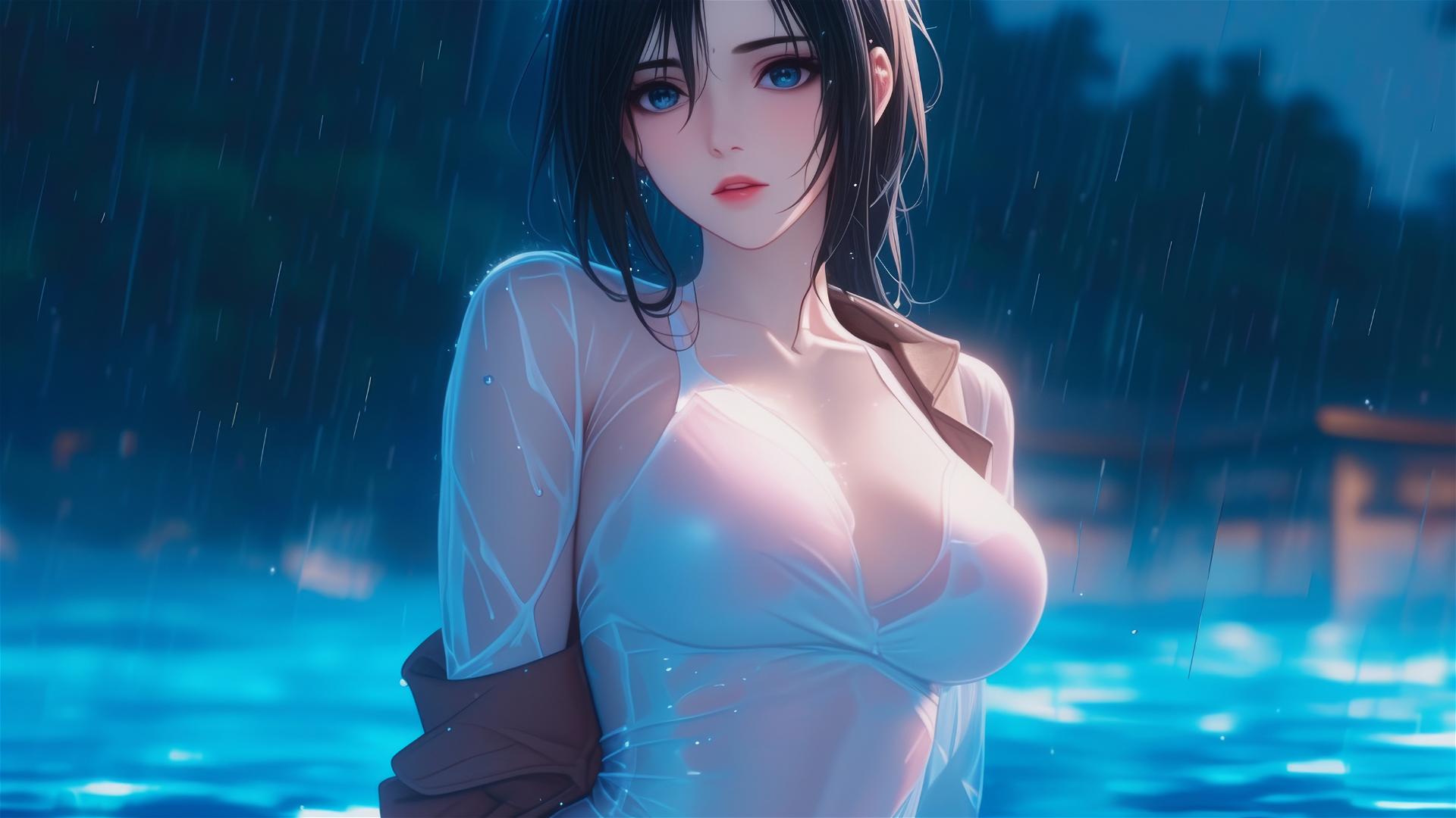Mikasa Ackerman in pink dress at rainy pool under moonlight