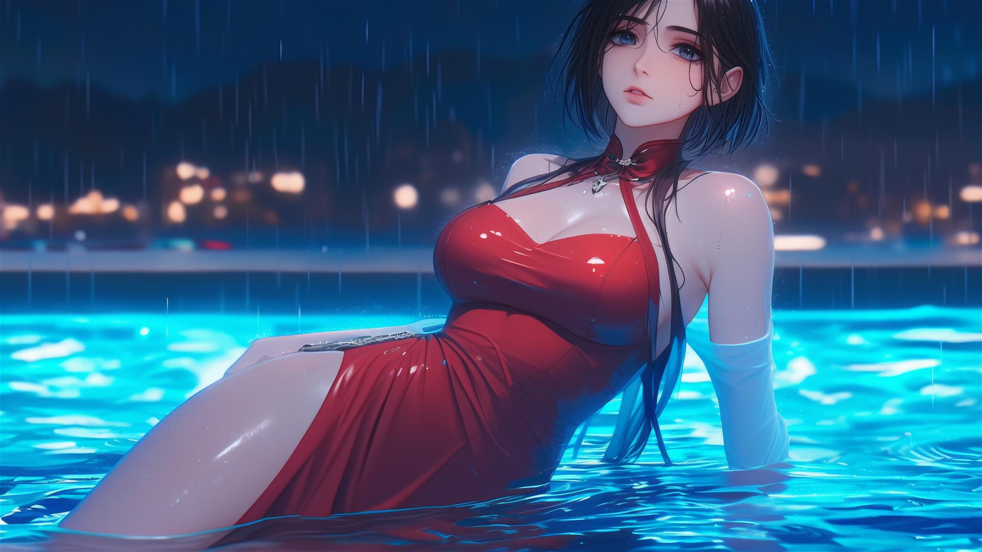 Mikasa Ackerman in red dress standing in rainy pool under moonlight