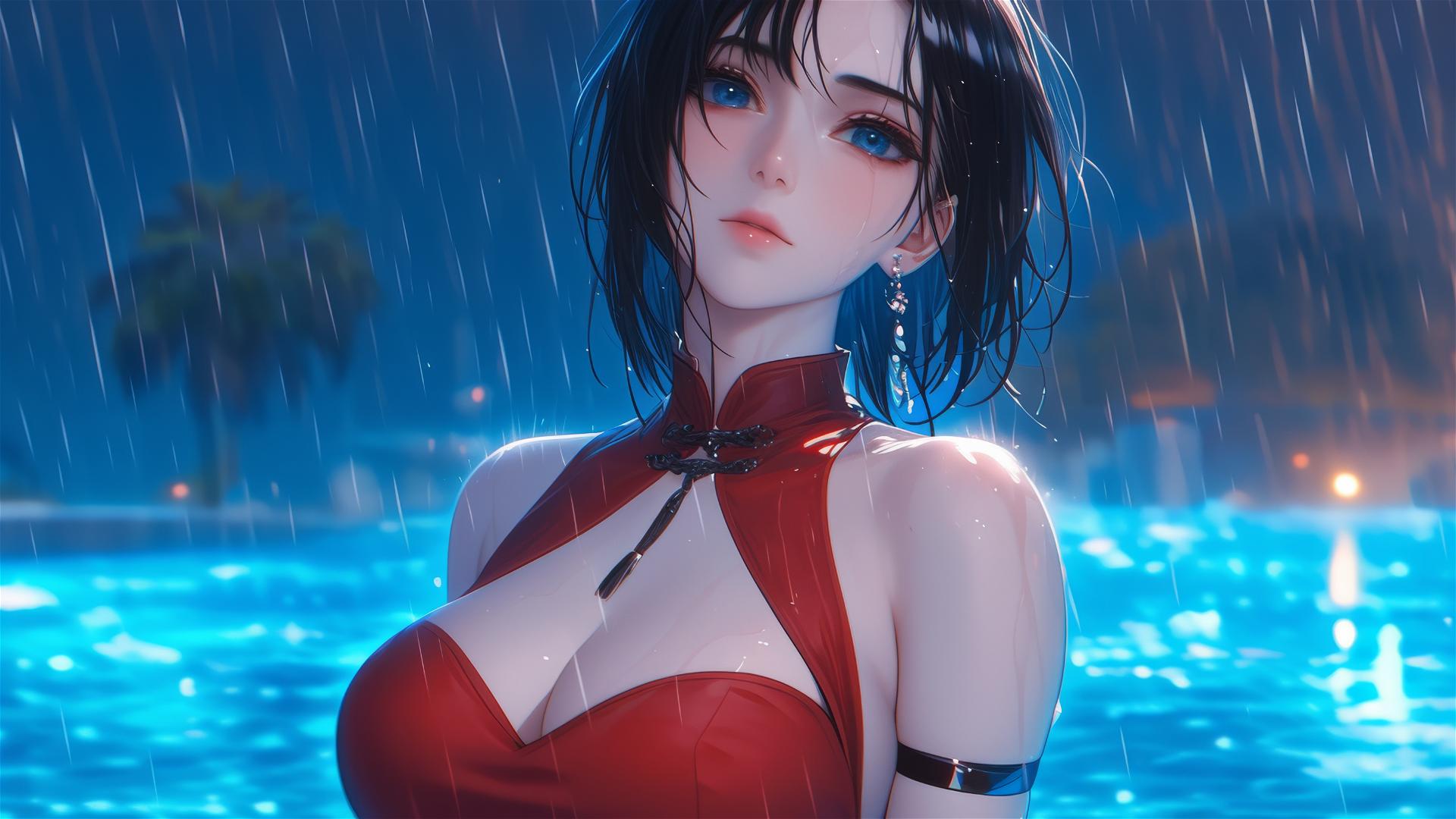 Mikasa Ackerman in red dress, rainy pool scene