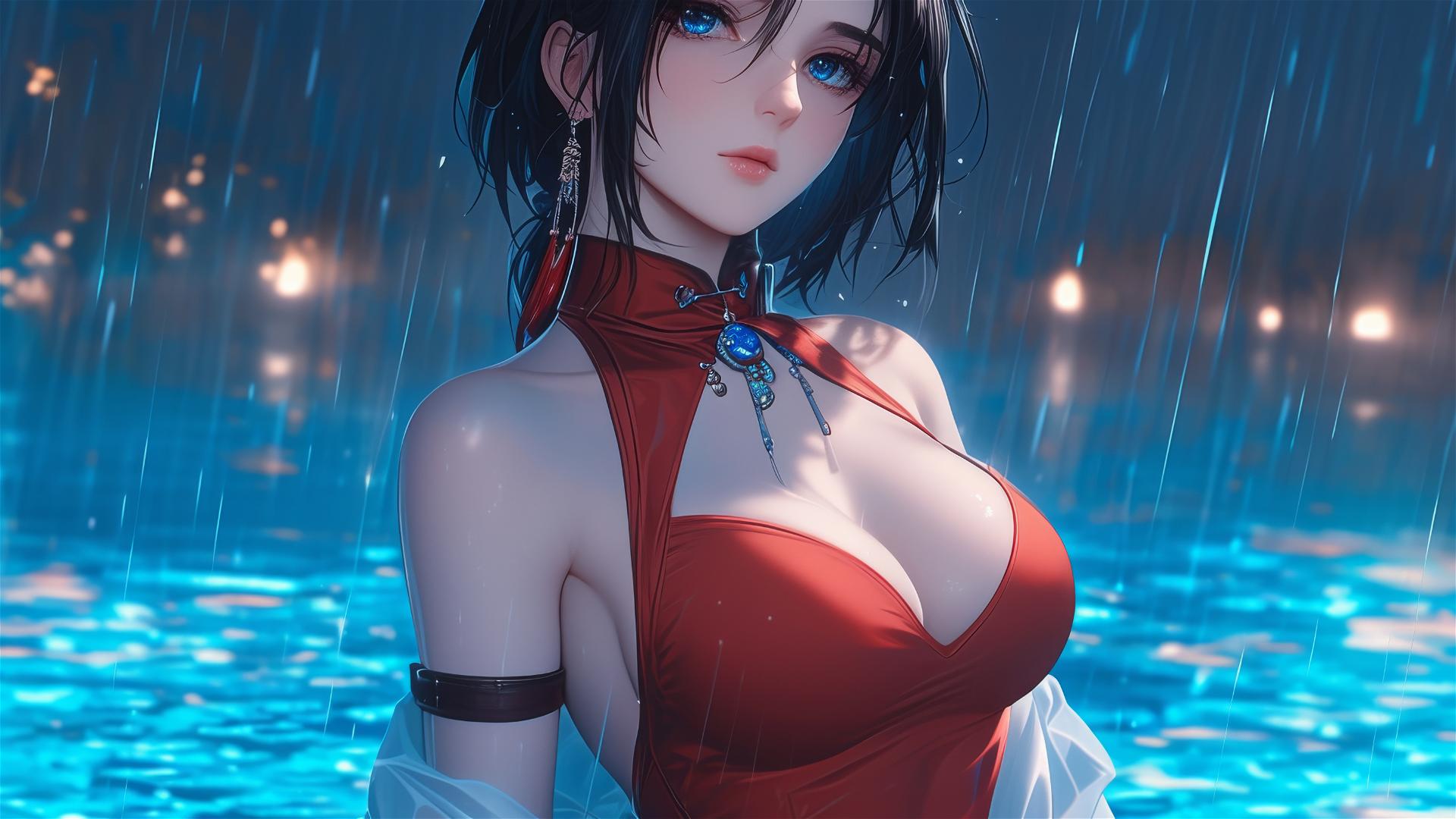 Mikasa Ackerman in moonlit rainy pool with red dress