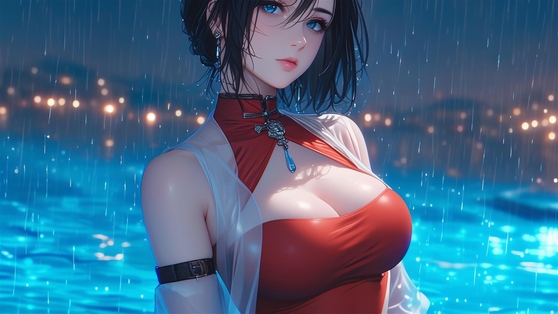 Mikasa Ackerman in red dress under moonlight in rainy pool