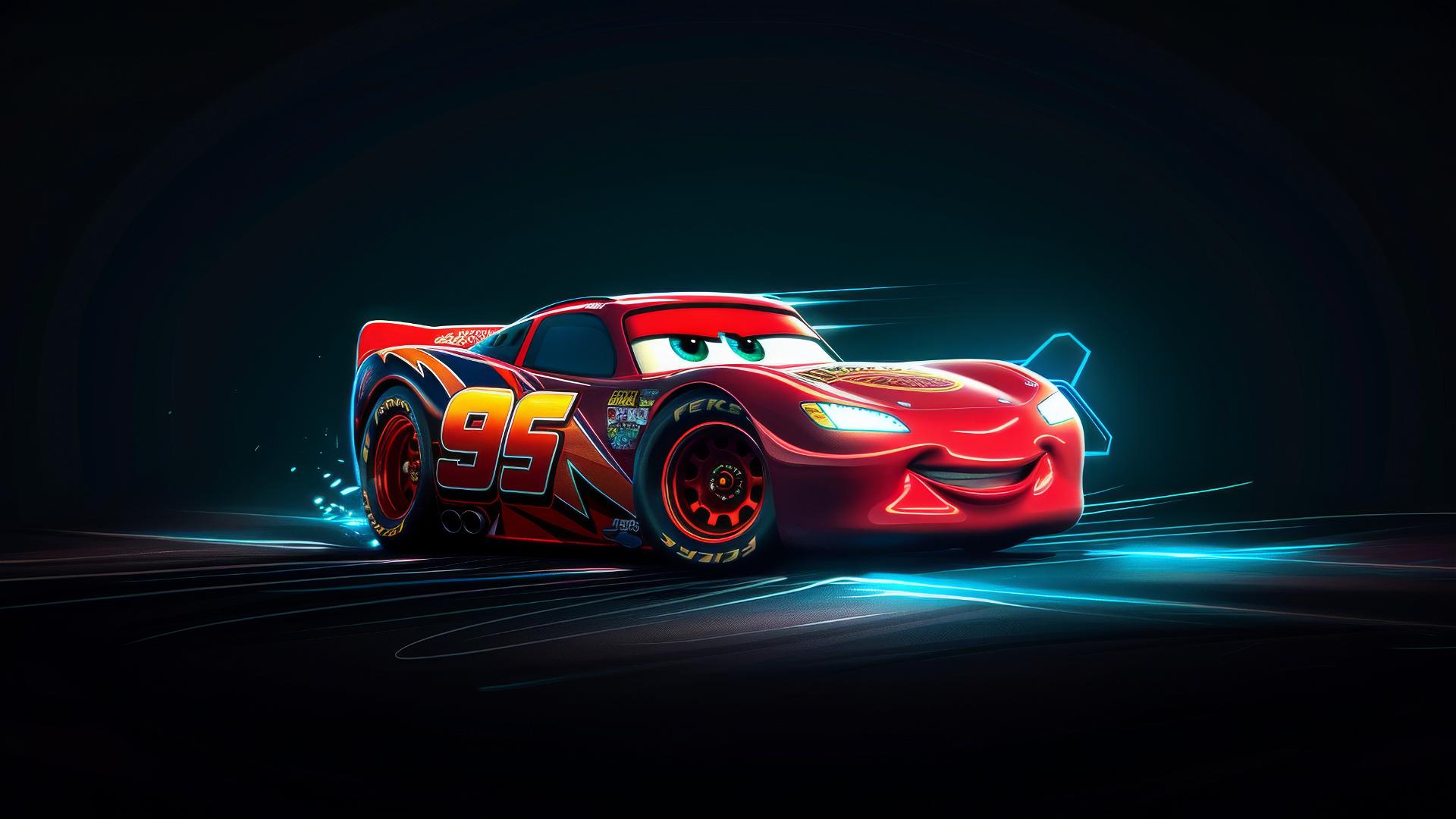 Isolated Lightning McQueen drawing in Pixar style with a dark background and spotlight effect