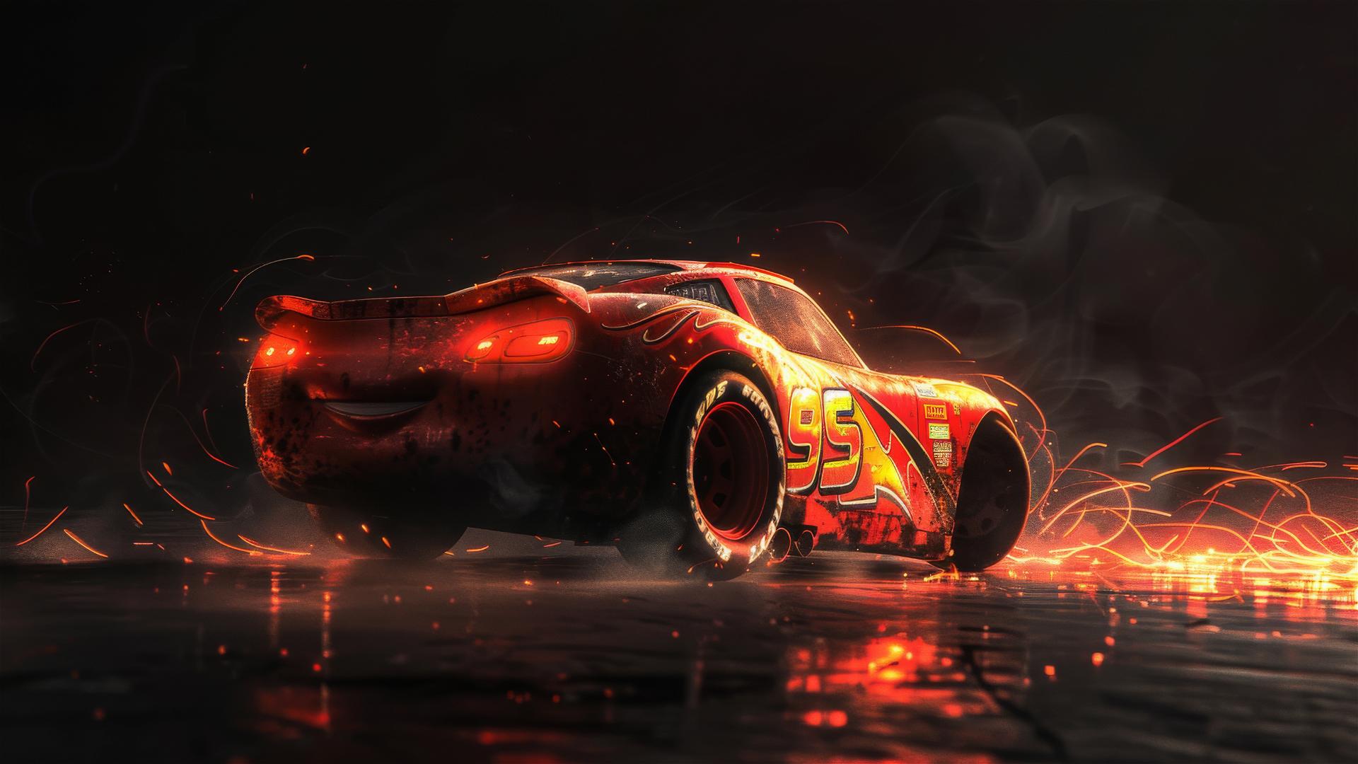 Lightning McQueen in Pixar style, dark background with spotlight