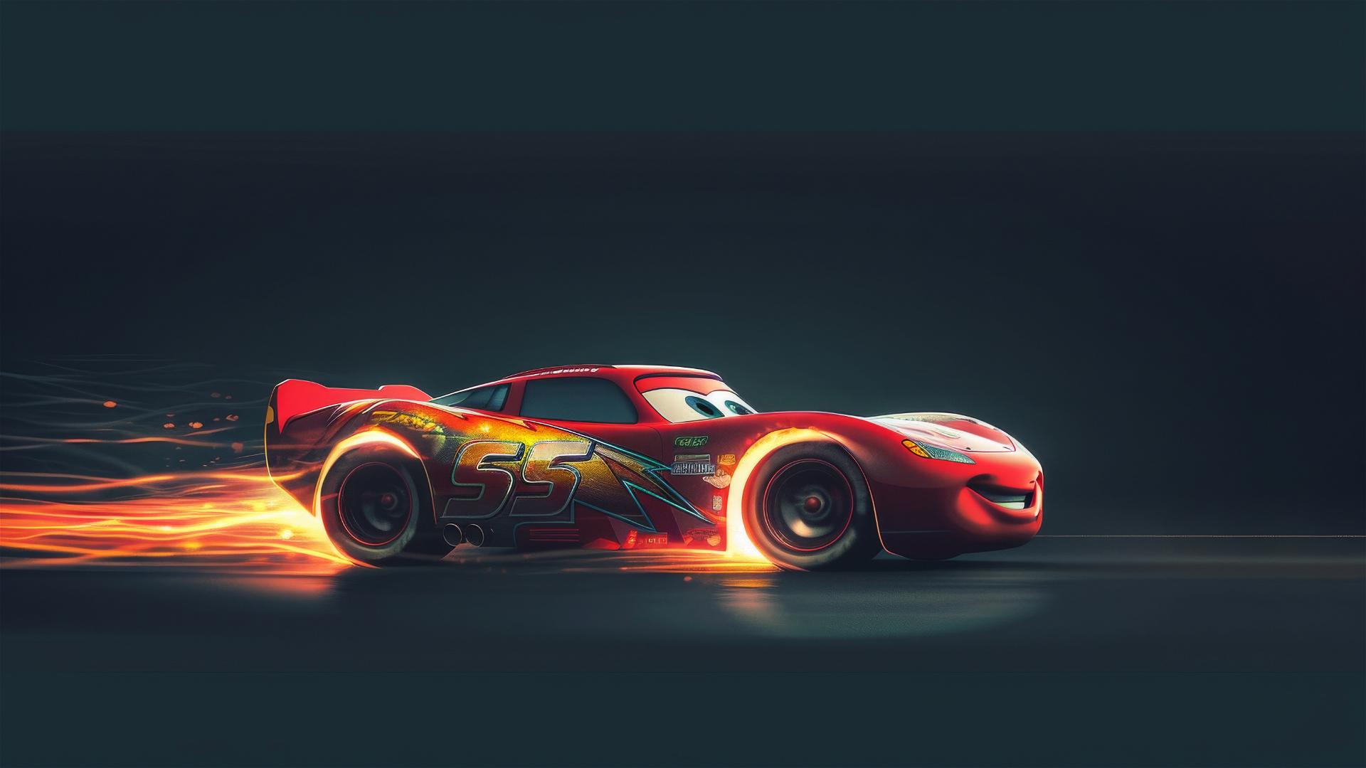 Drawing of Lightning McQueen with a dark, spotlighted background in Pixar style.