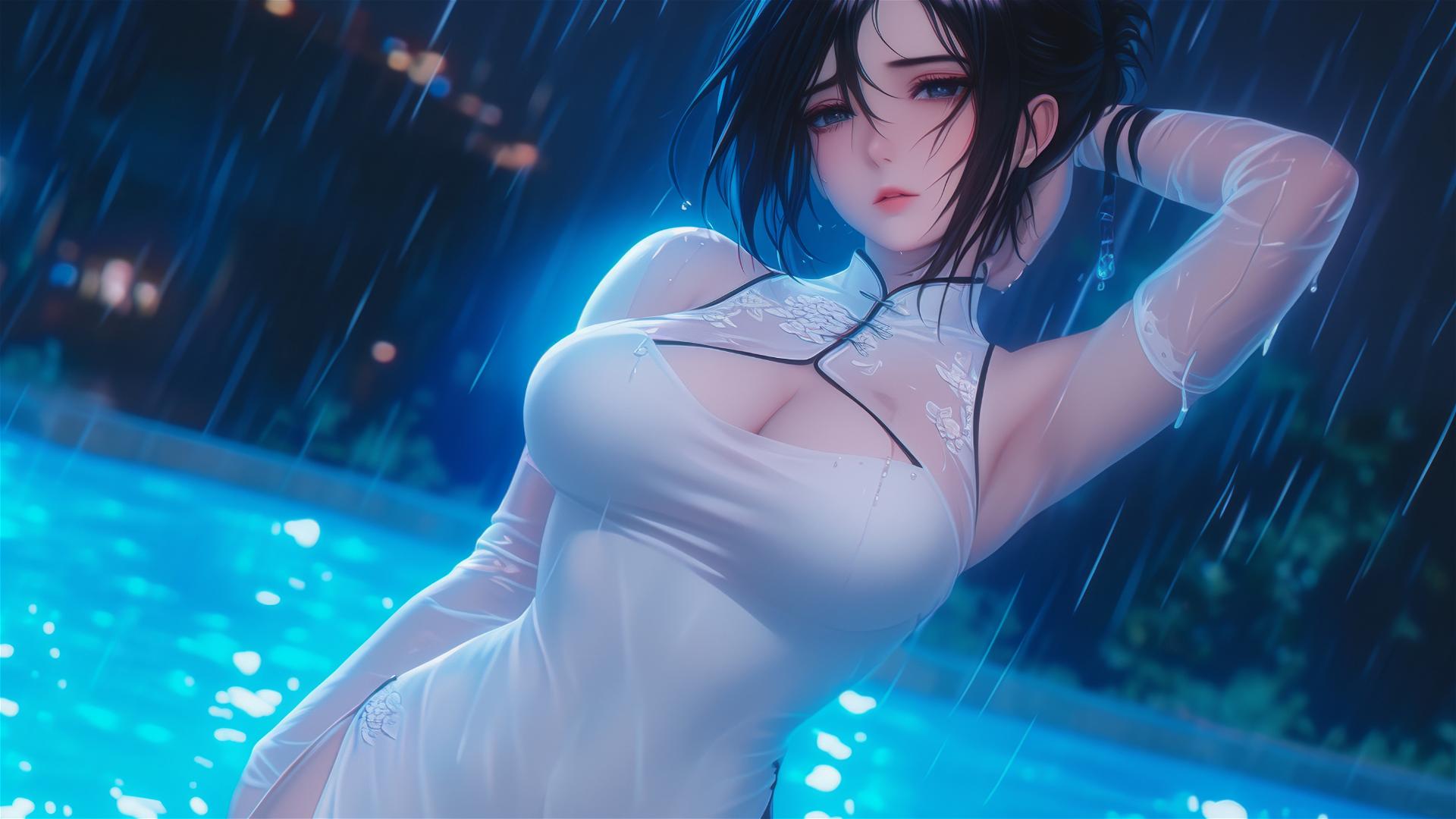 Mikasa Ackerman in pink dress standing in a rainy pool under moonlight