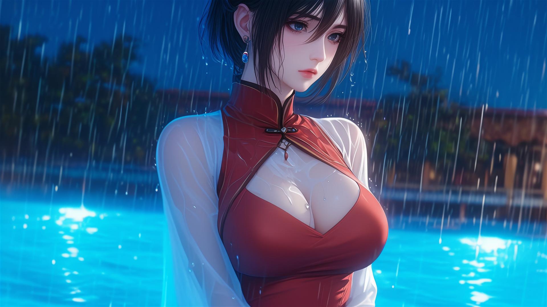 Mikasa Ackerman in red dress standing in a rainy pool under moonlight