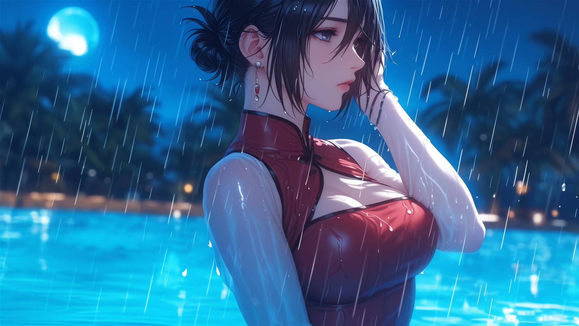 Mikasa Ackerman in red dress standing in rainy pool under moonlight
