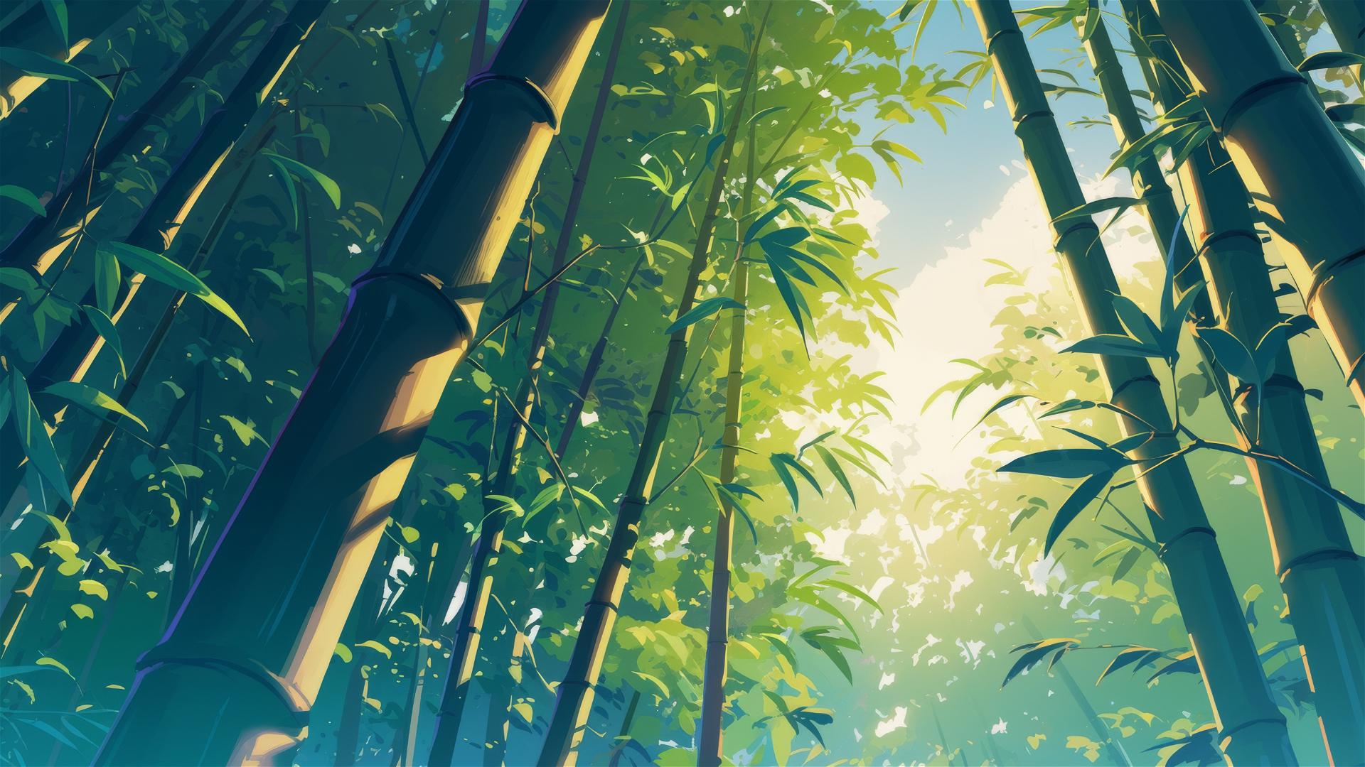 Bamboo grove with sunlight filtering and leaves rustling in the breeze