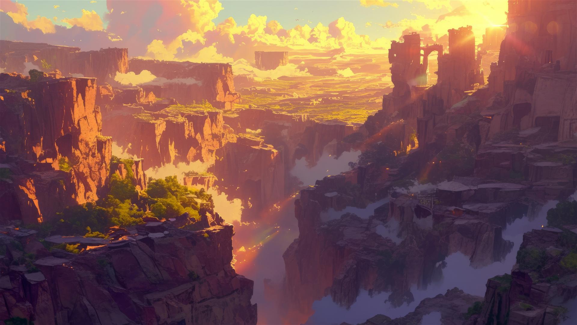 Golden sunrise with mist over canyon cliffs