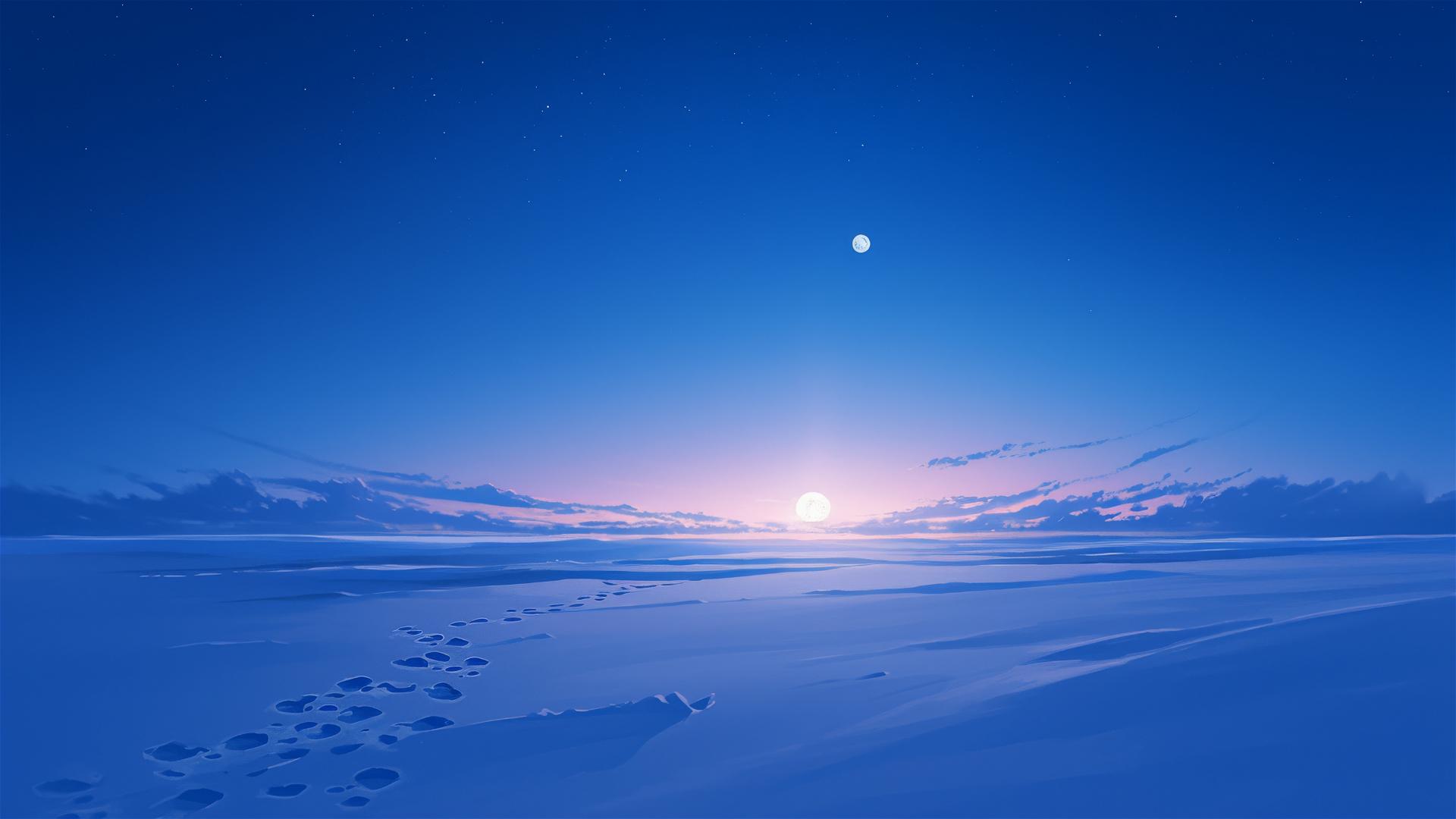 Tranquil snowfield under full moon with animal tracks
