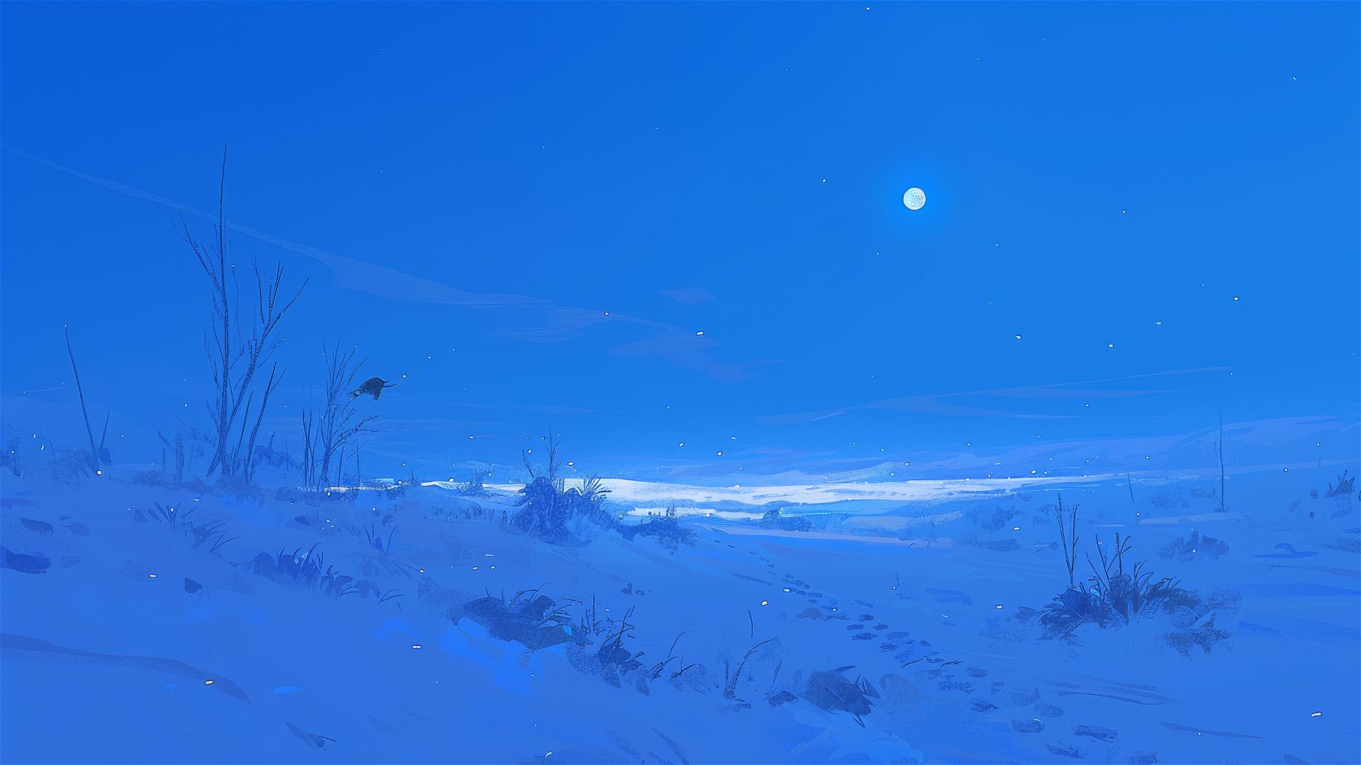 Quiet snowfield with animal tracks under full moon