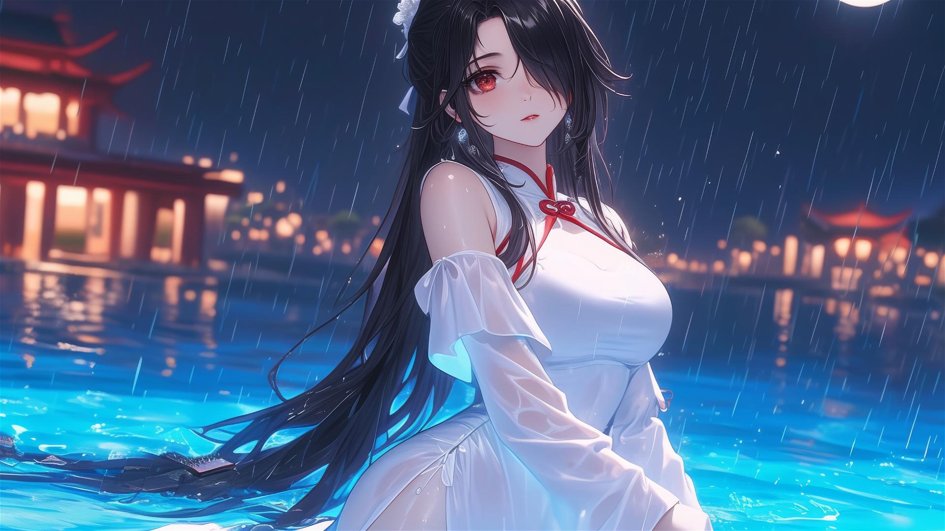 Kurumi Tokisaki from Date A Live standing in a pool under moonlight with one red eye, one eye covered by hair, wearing a white dress in rain