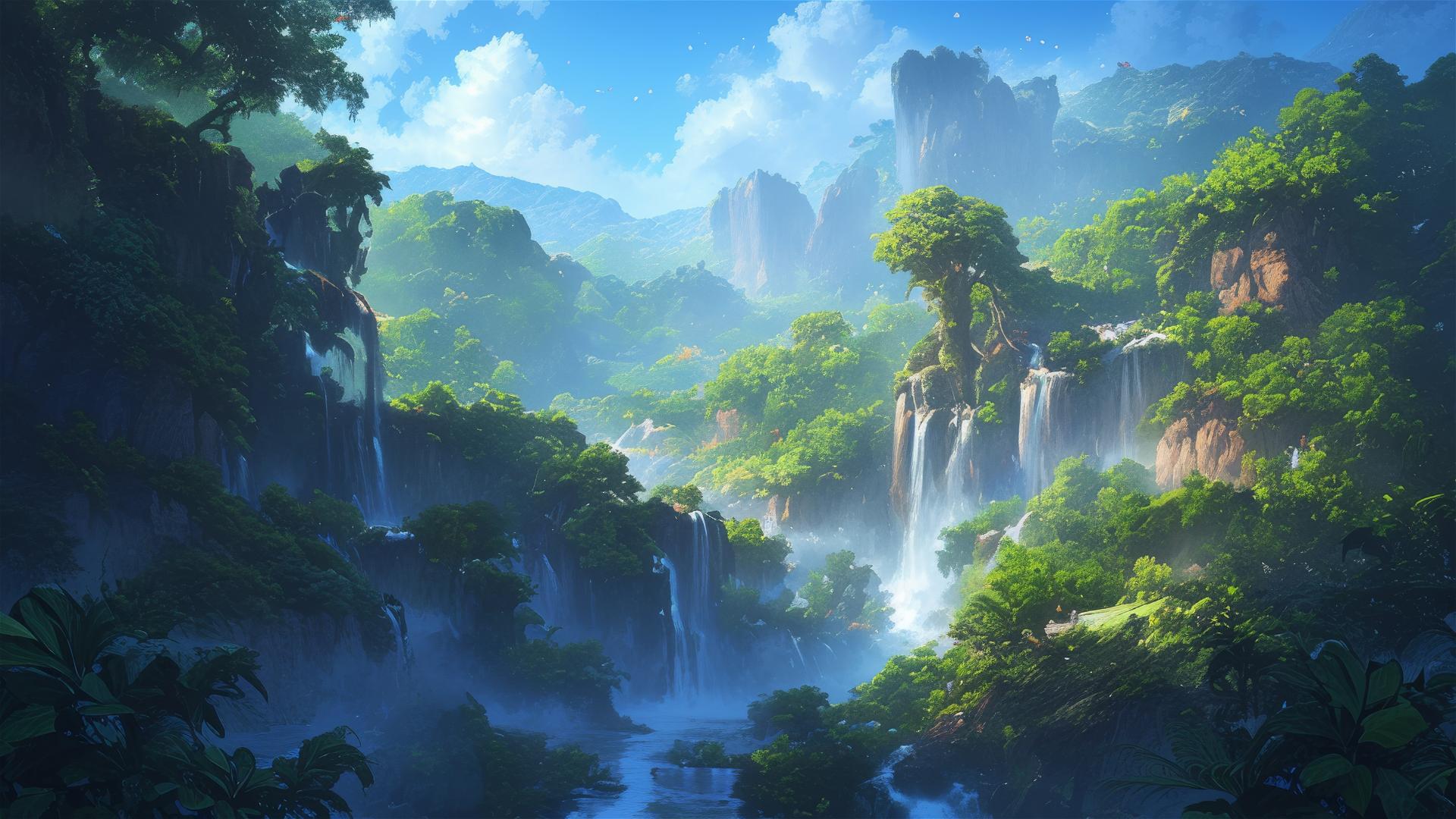 Waterfall in tropical jungle with cascading water and mist