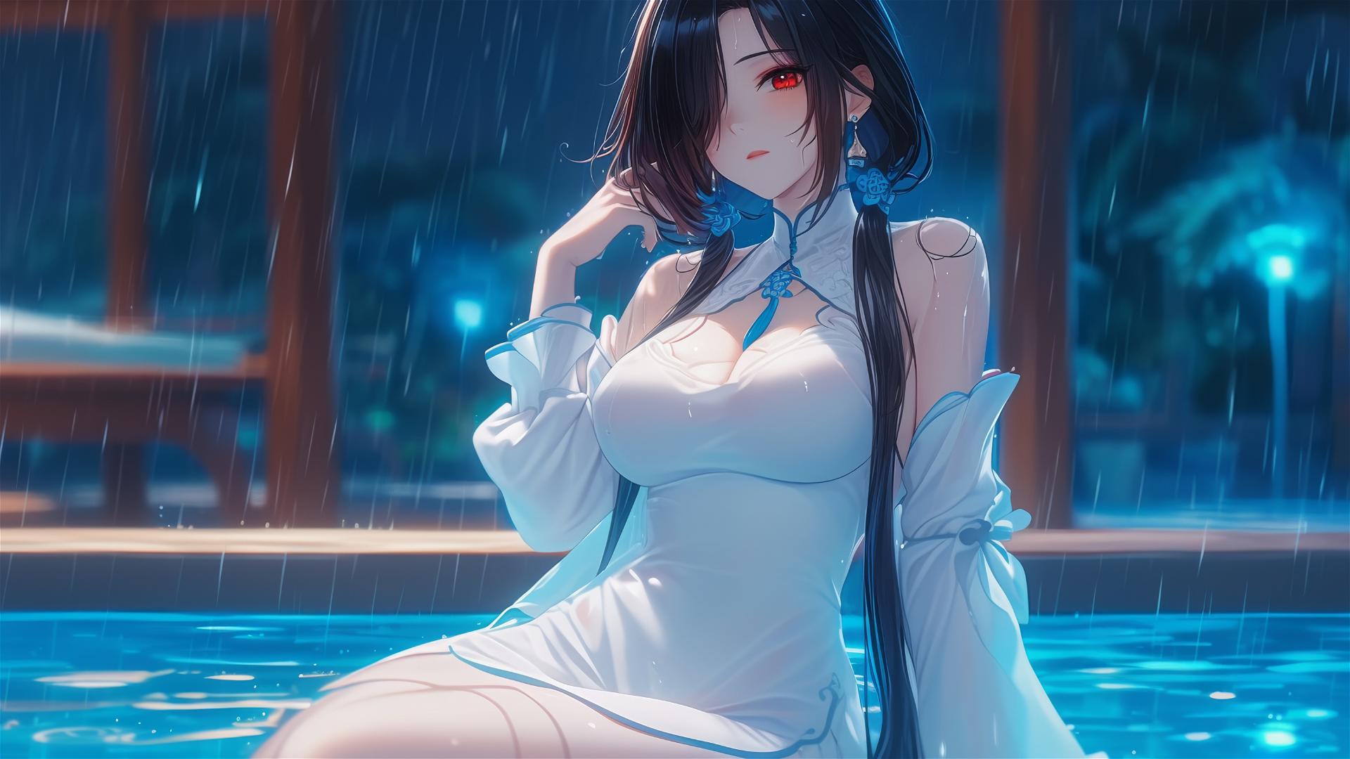 Kurumi Tokisaki resting by pool under moonlight, rain, white dress