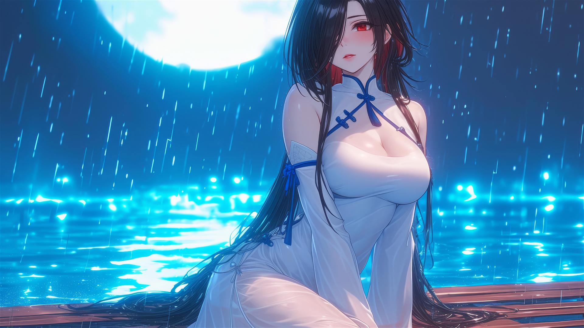 Kurumi Tokisaki by rainy pool with moonlight on her white dress