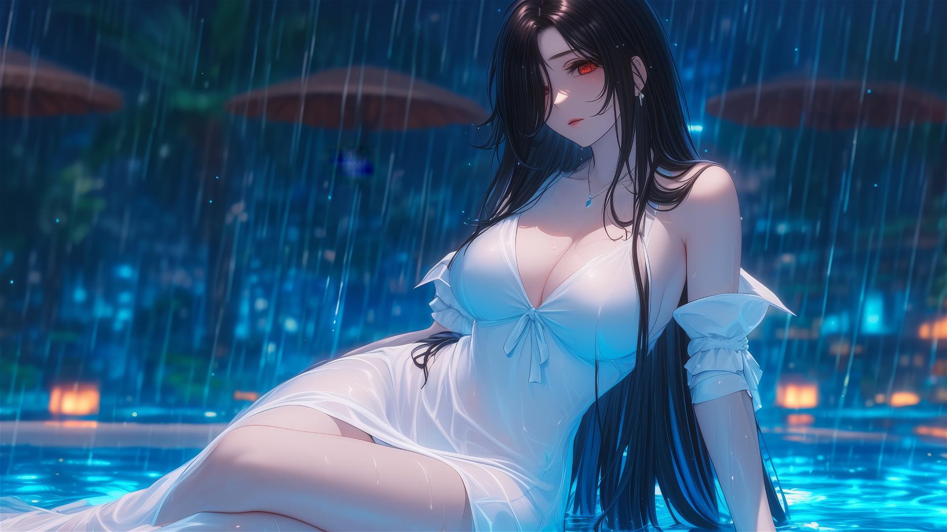 Kurumi Tokisaki resting by pool under moonlight, dress in white, rainy scene with one red eye visible