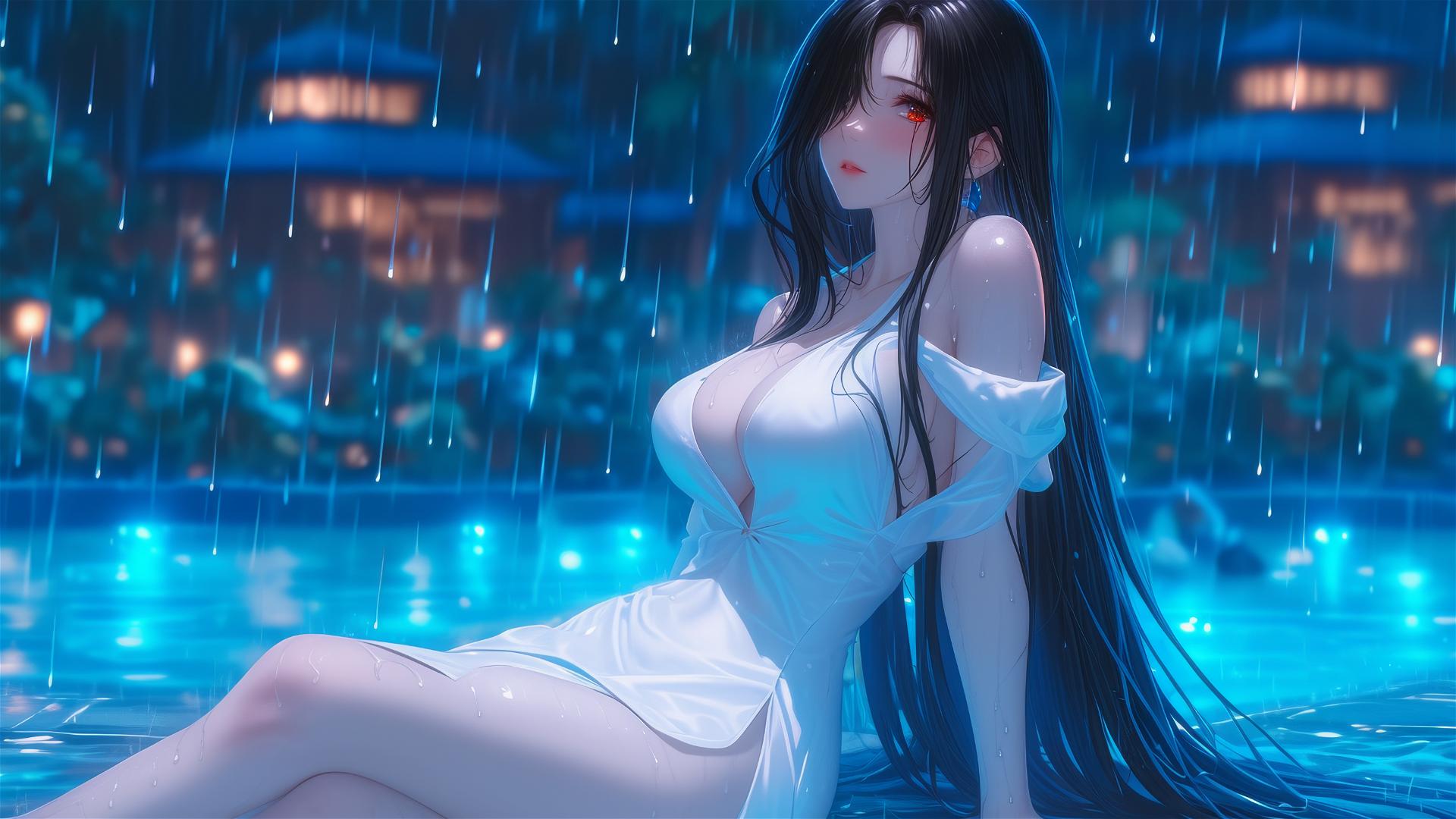 Kurumi Tokisaki from Date A Live resting by a pool in moonlight, white dress, rainy, one red eye