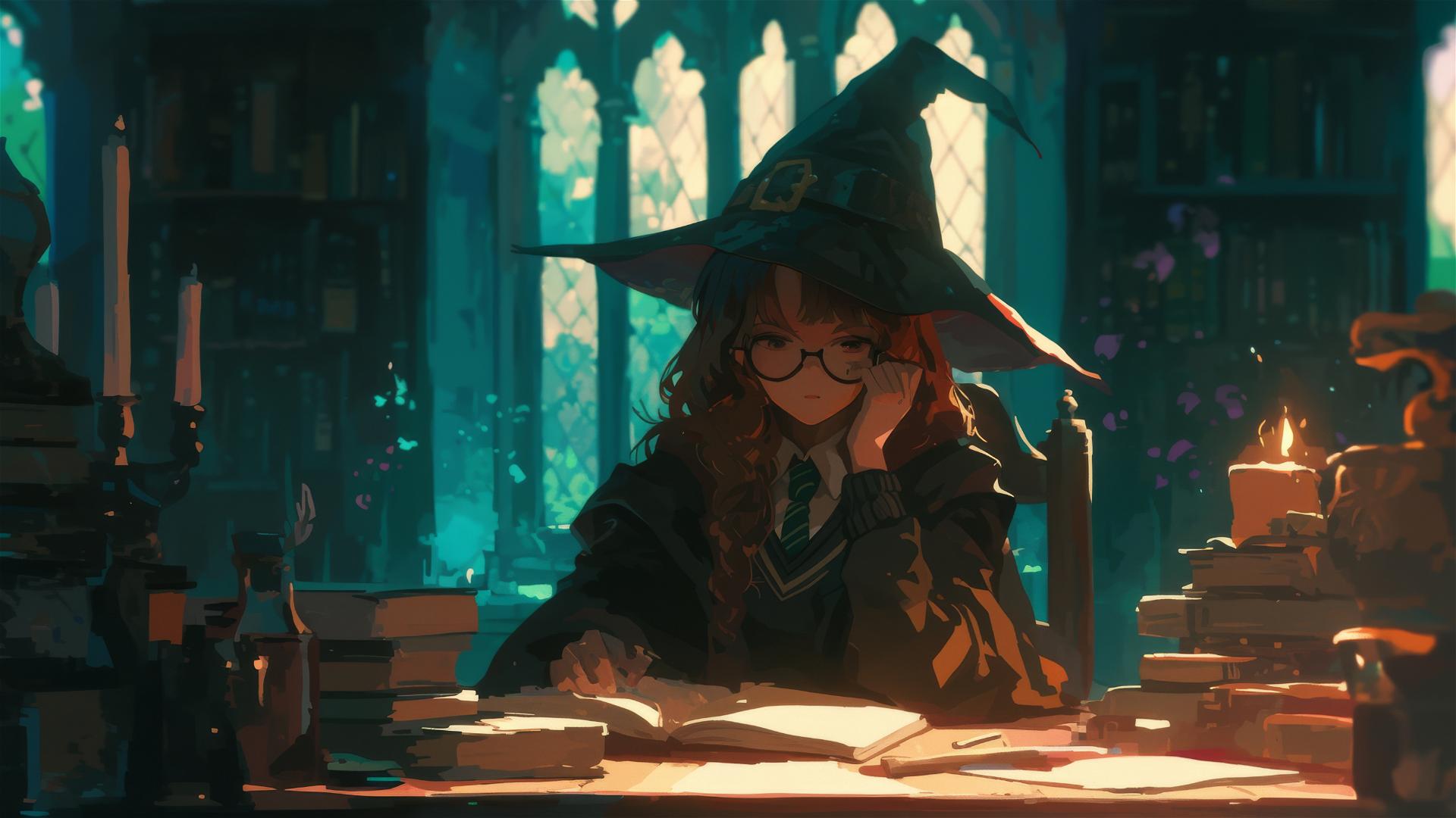 Hogwarts witch girl with dark background and spotlight effect