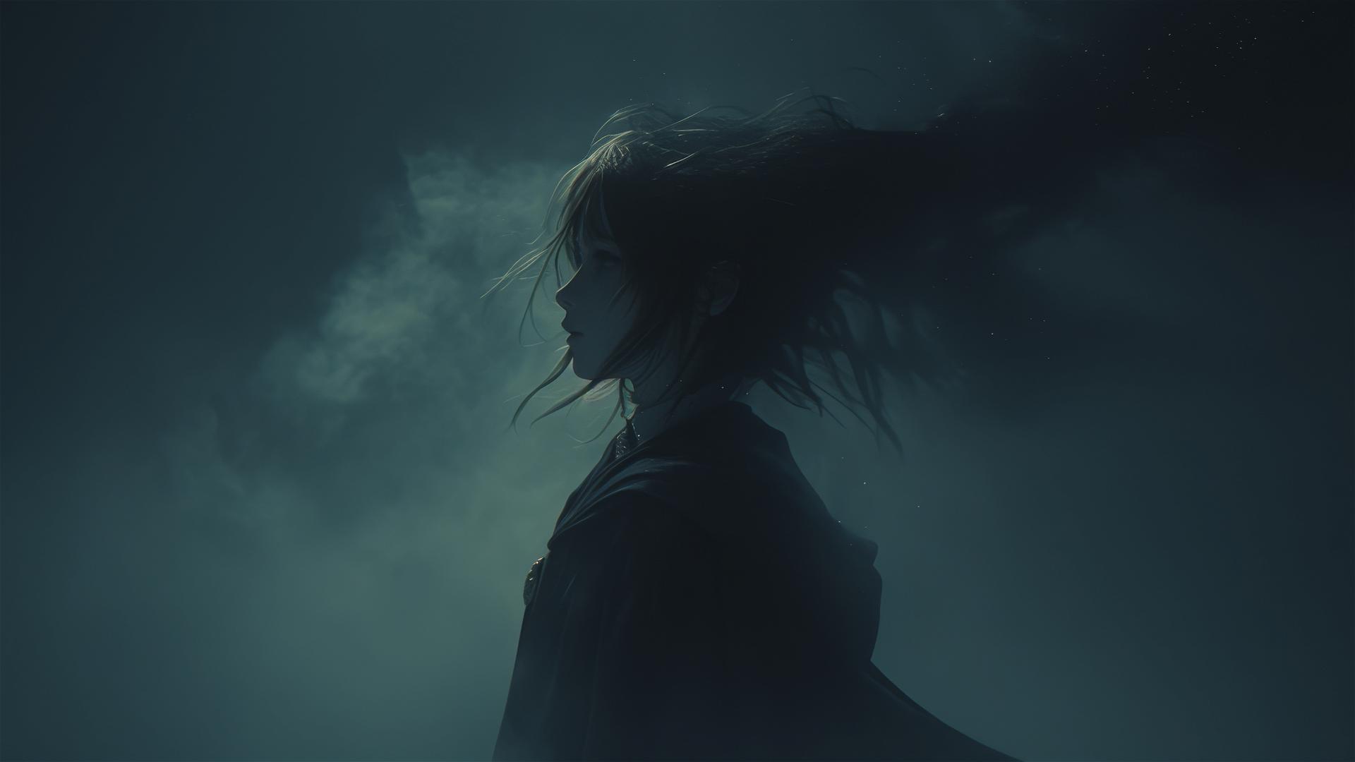 Hogwarts witch illuminated by spotlight on dark background