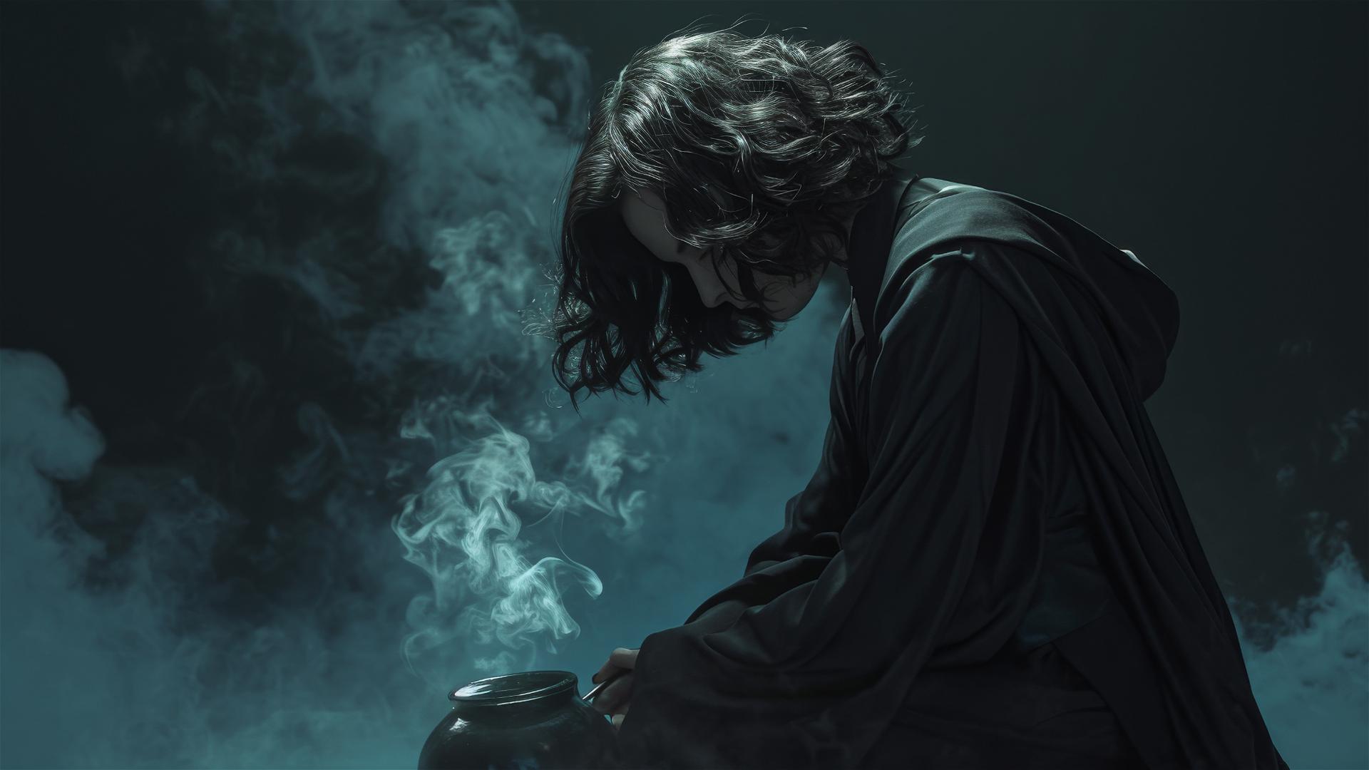 Hogwarts witch girl with spotlight on dark background