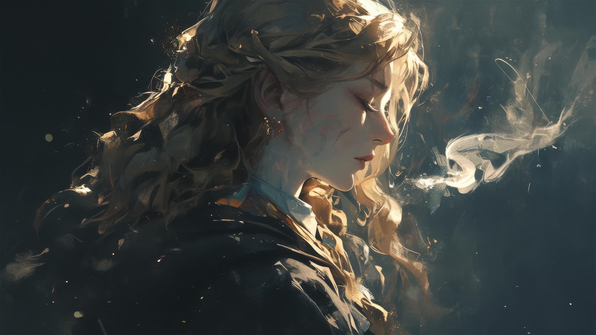 Artistic image of a Hogwarts witch girl with a dark background and spotlight effect