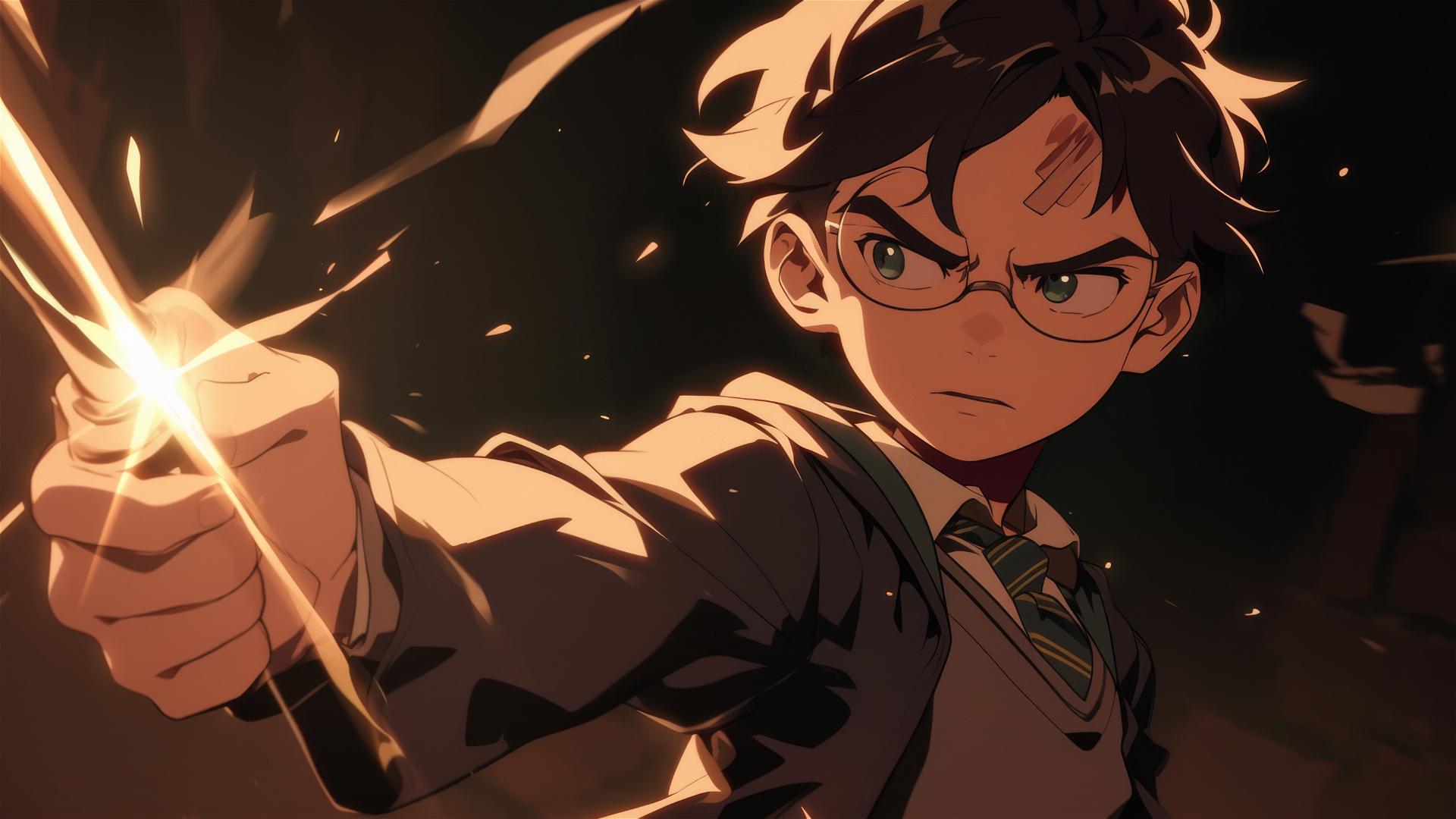 Artistic isolated shot of Harry Potter with spotlight effect on dark background