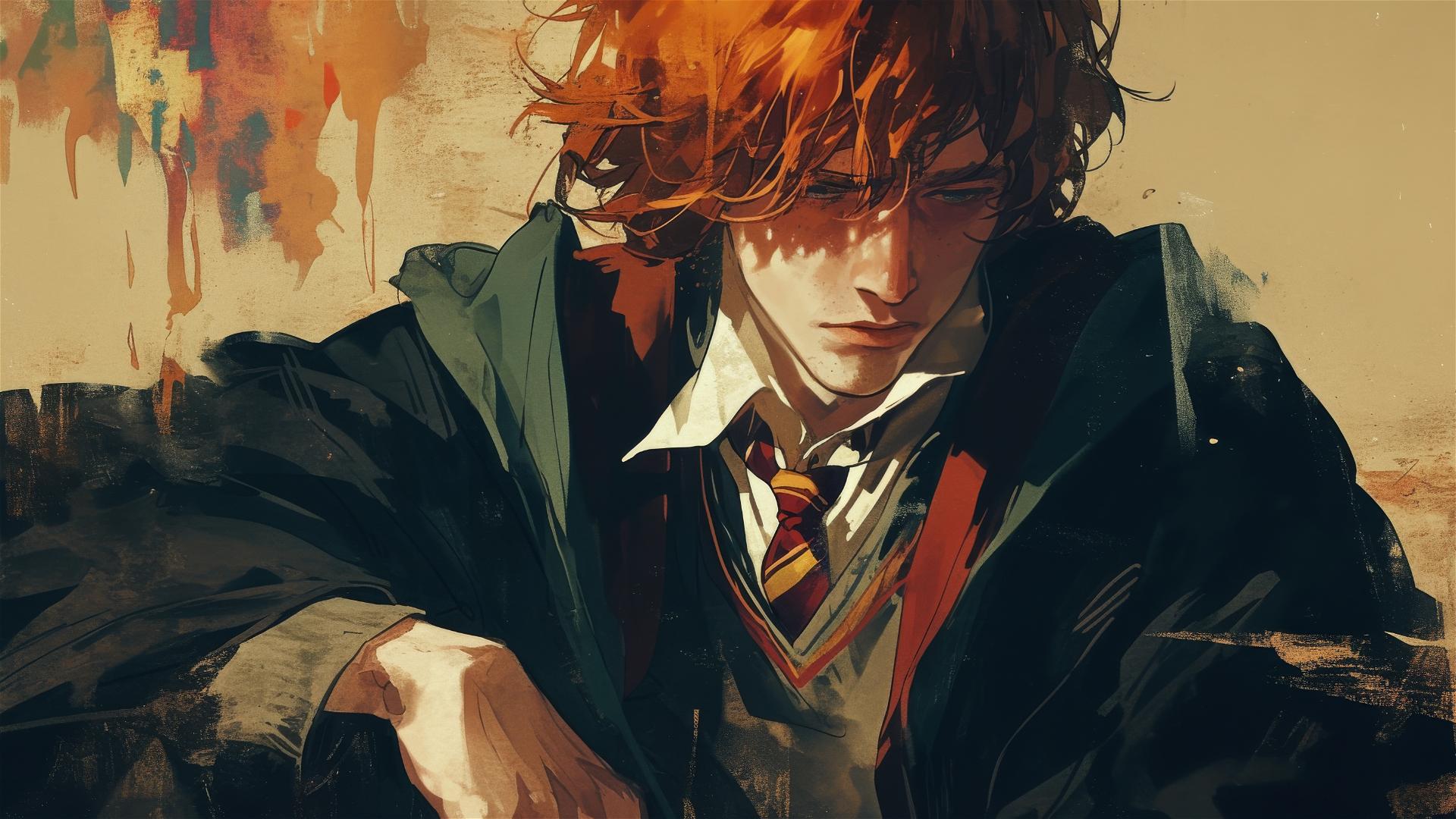 Artistic drawing of Ron Weasley on dark background with spotlight effect
