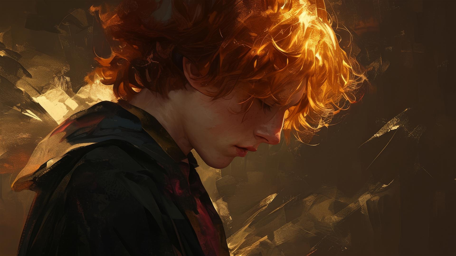 Artistic drawing of Ron Weasley on a dark background with spotlight