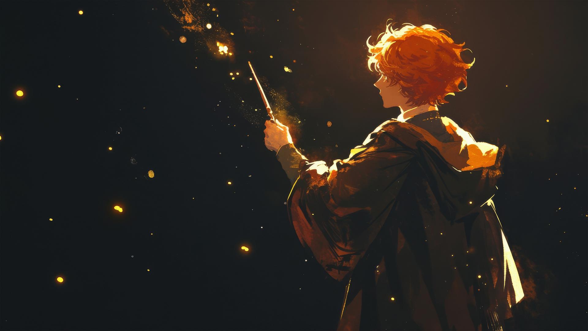 Artistic drawing of Ron Weasley with red hair in a spotlight on a dark background