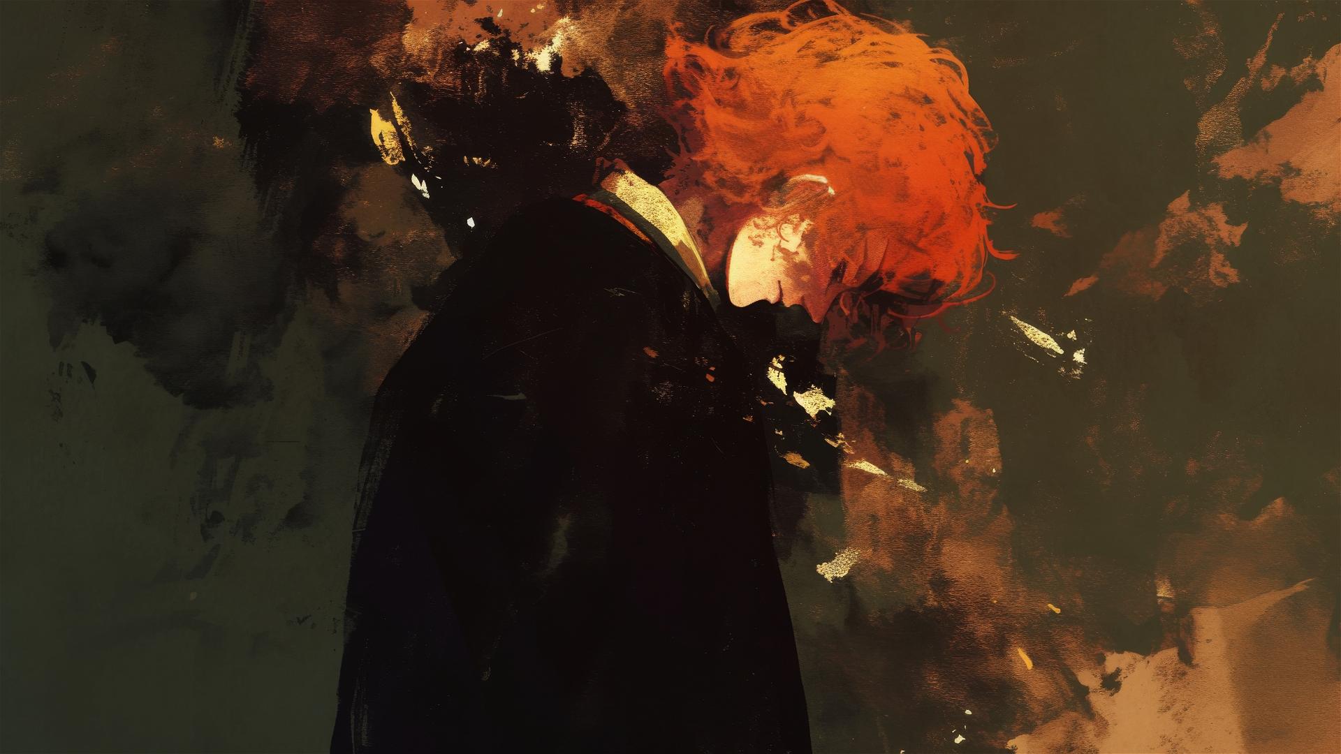 Artistic drawing of Ron Weasley with red hair on dark background